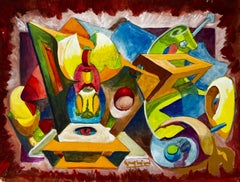Abstract Cubist Still Life with Blue Vase and Yellow Forms French Gouache