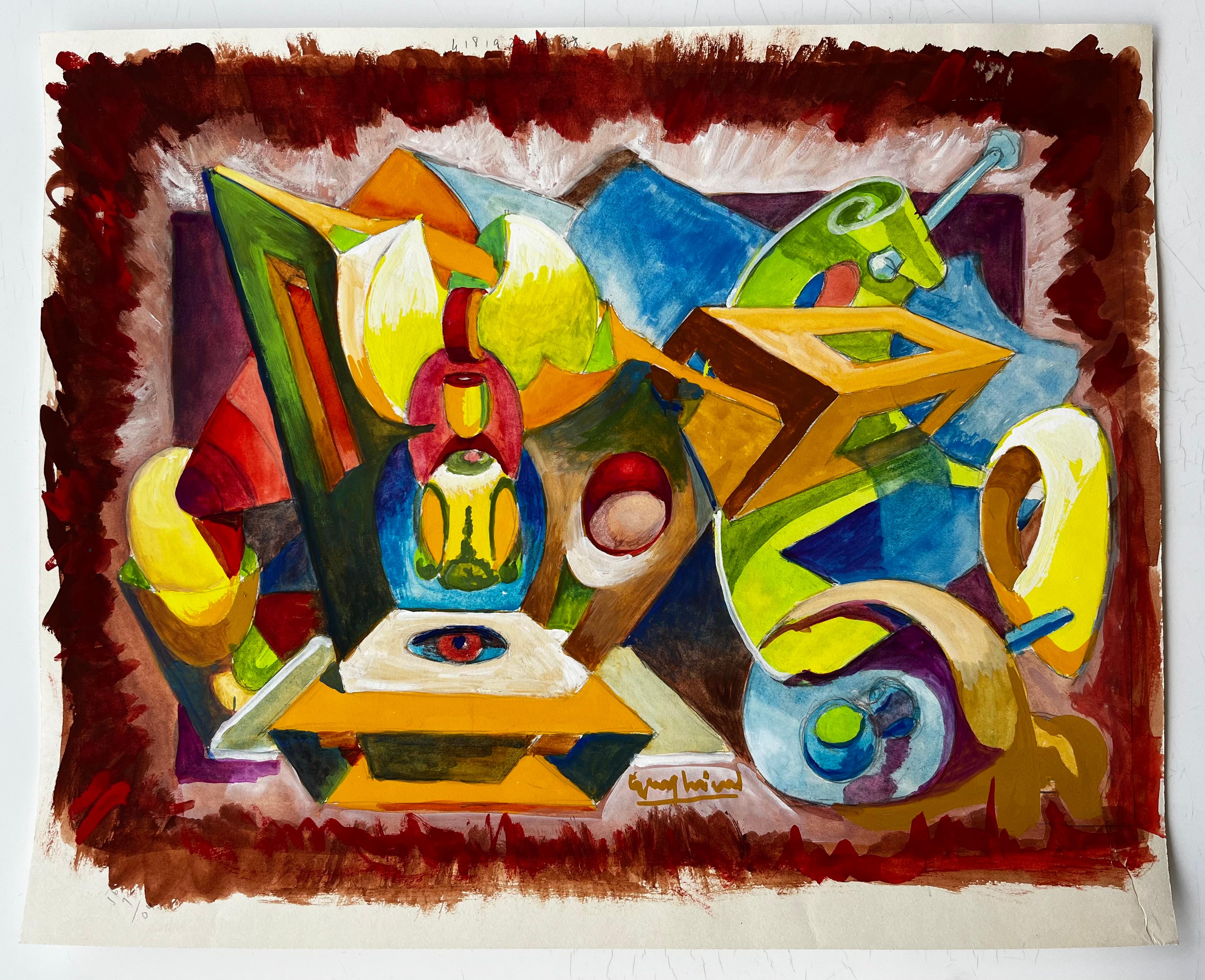 Nature morte cubiste abstraite avec vase bleu et formes jaunes Gouache française - Art de Guy Nicod