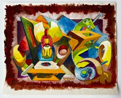 Natura morta cubista astratta con vaso blu e forme gialle Gouache francese