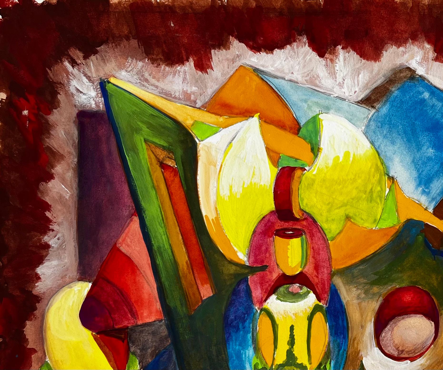 Titre : Nature morte cubiste abstraite avec vase bleu et formes jaunes Gouache française
Guy Nicod (français 1923 - 2021) 
Signé, bord inférieur
Gouache sur papier d'artiste, non encadrée
Taille : 15.75 x 19.5 pouces (hauteur x largeur)
Provenance :