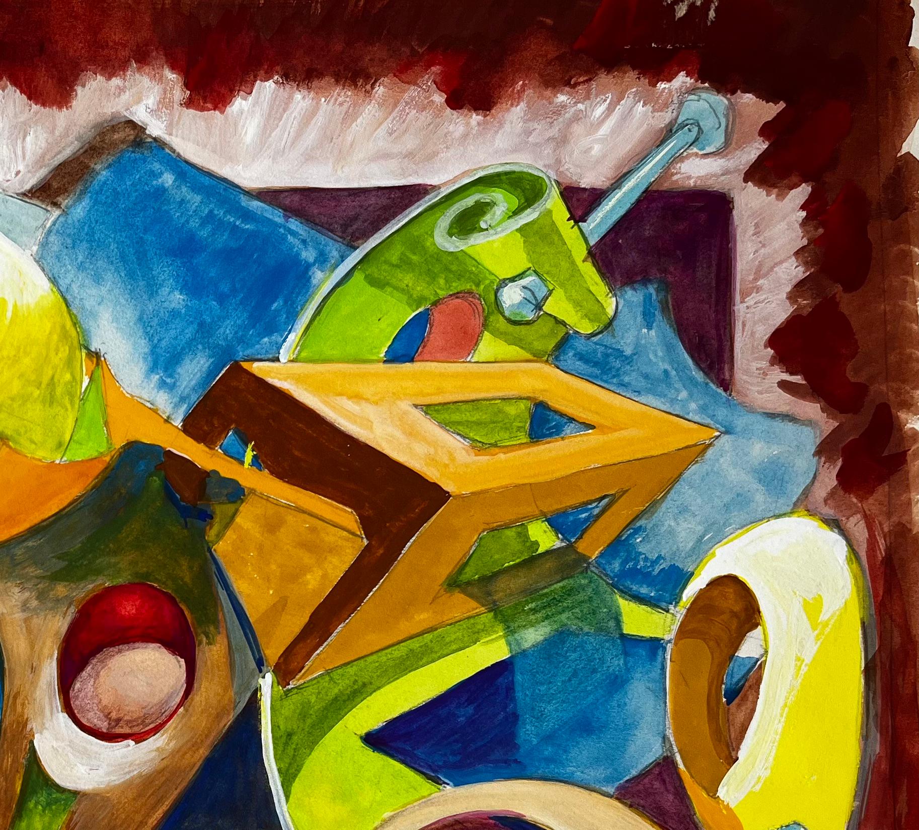 Nature morte cubiste abstraite avec vase bleu et formes jaunes Gouache française - Marron Landscape Art par Guy Nicod