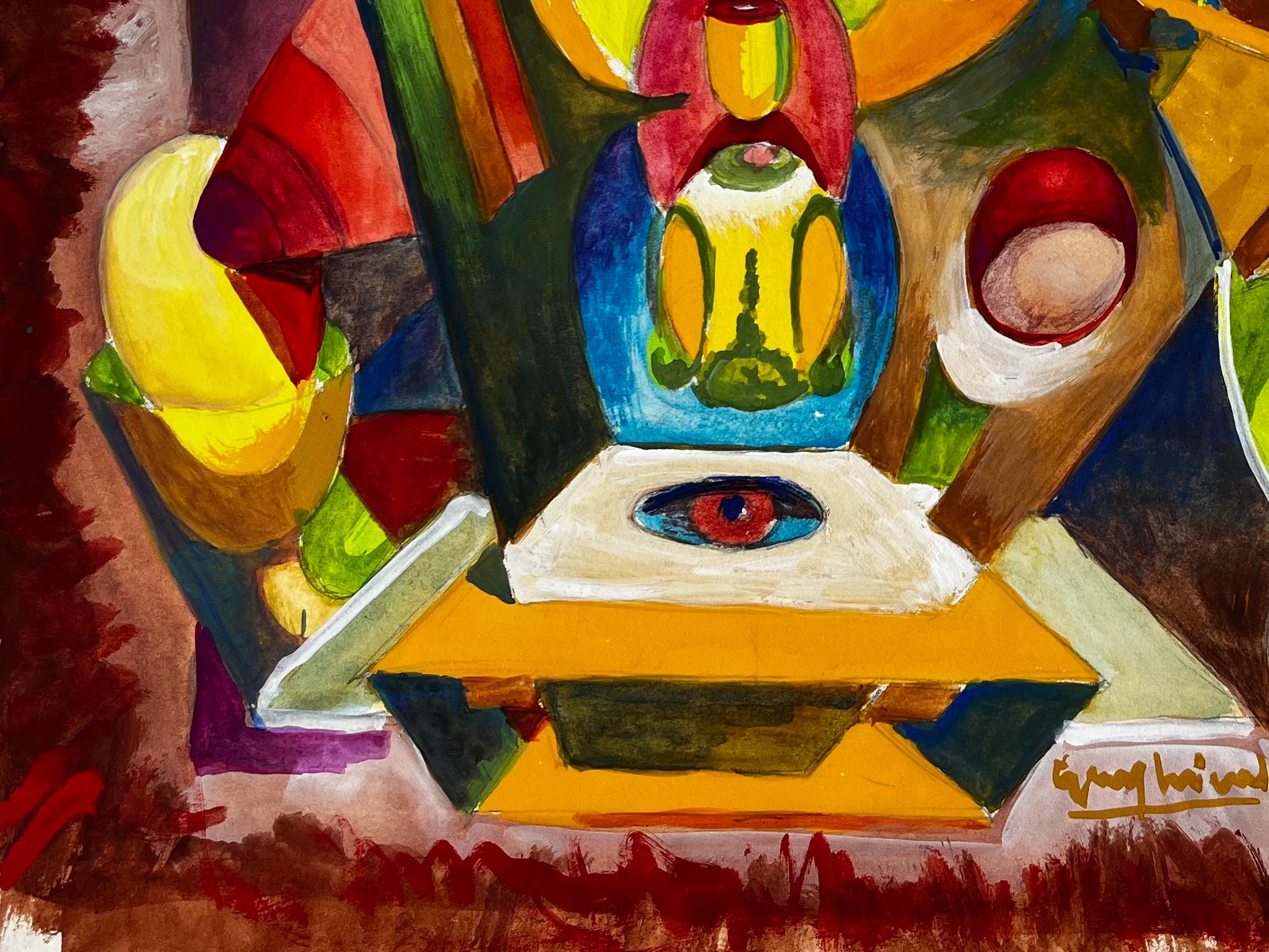 Nature morte cubiste abstraite avec vase bleu et formes jaunes Gouache française en vente 1