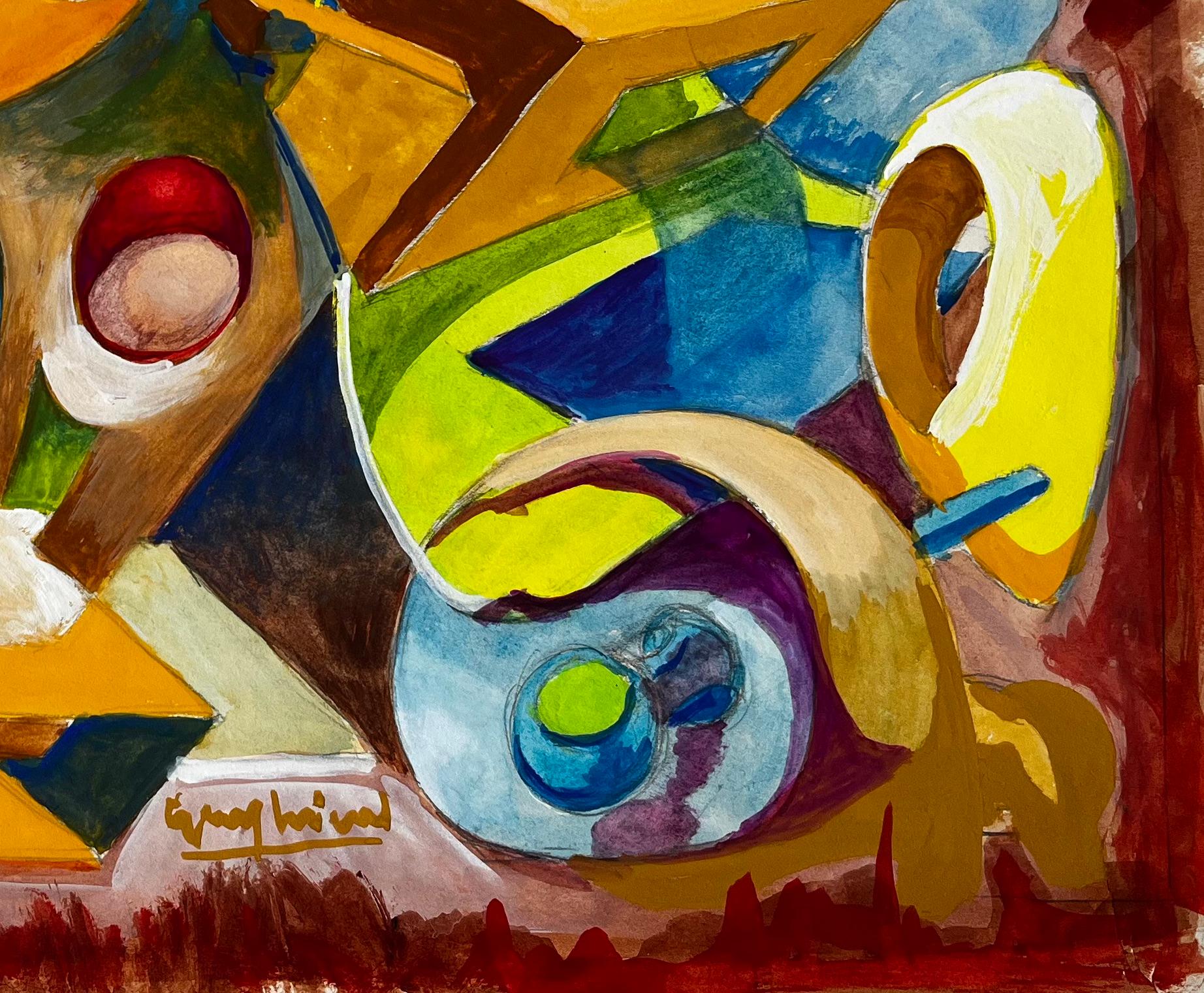 Nature morte cubiste abstraite avec vase bleu et formes jaunes Gouache française - Moderne Art par Guy Nicod