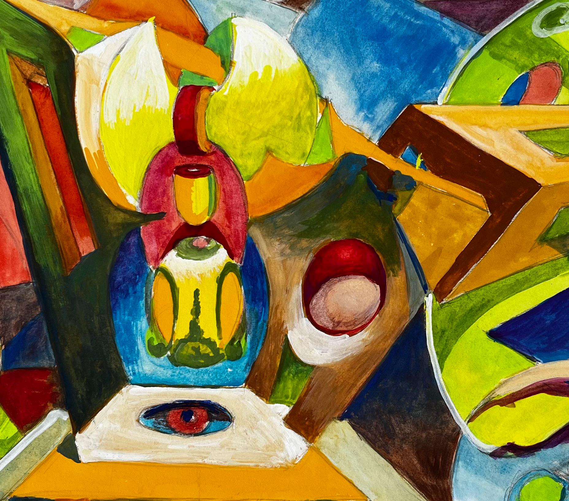 Nature morte cubiste abstraite avec vase bleu et formes jaunes Gouache française en vente 2