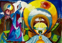 Surreale abstrakte Landschaft mit goldener Sonne und blauer Figur Französische Gouache