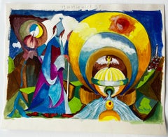 Paisaje abstracto surrealista con sol dorado y figura azul Témpera francesa