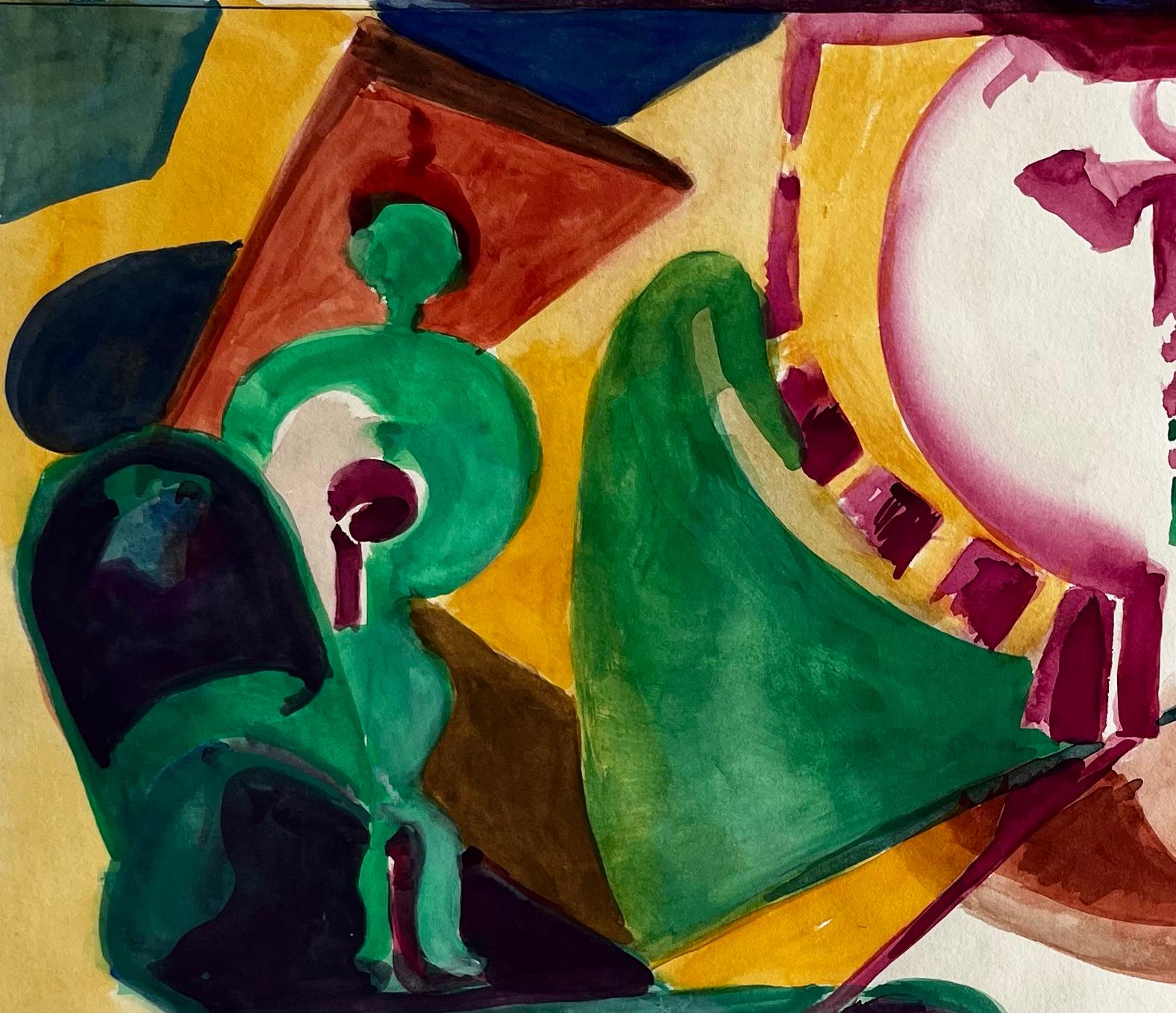 Titolo: Composizione geometrica astratta con forme circolari e accenti verdi
Guy Nicod (francese, 1923 - 2021) 
Guazzo su carta d'artista, senza cornice
Dimensioni: 18 x 21,25 pollici (altezza x larghezza)
Provenienza: Proprietà di Artistics,