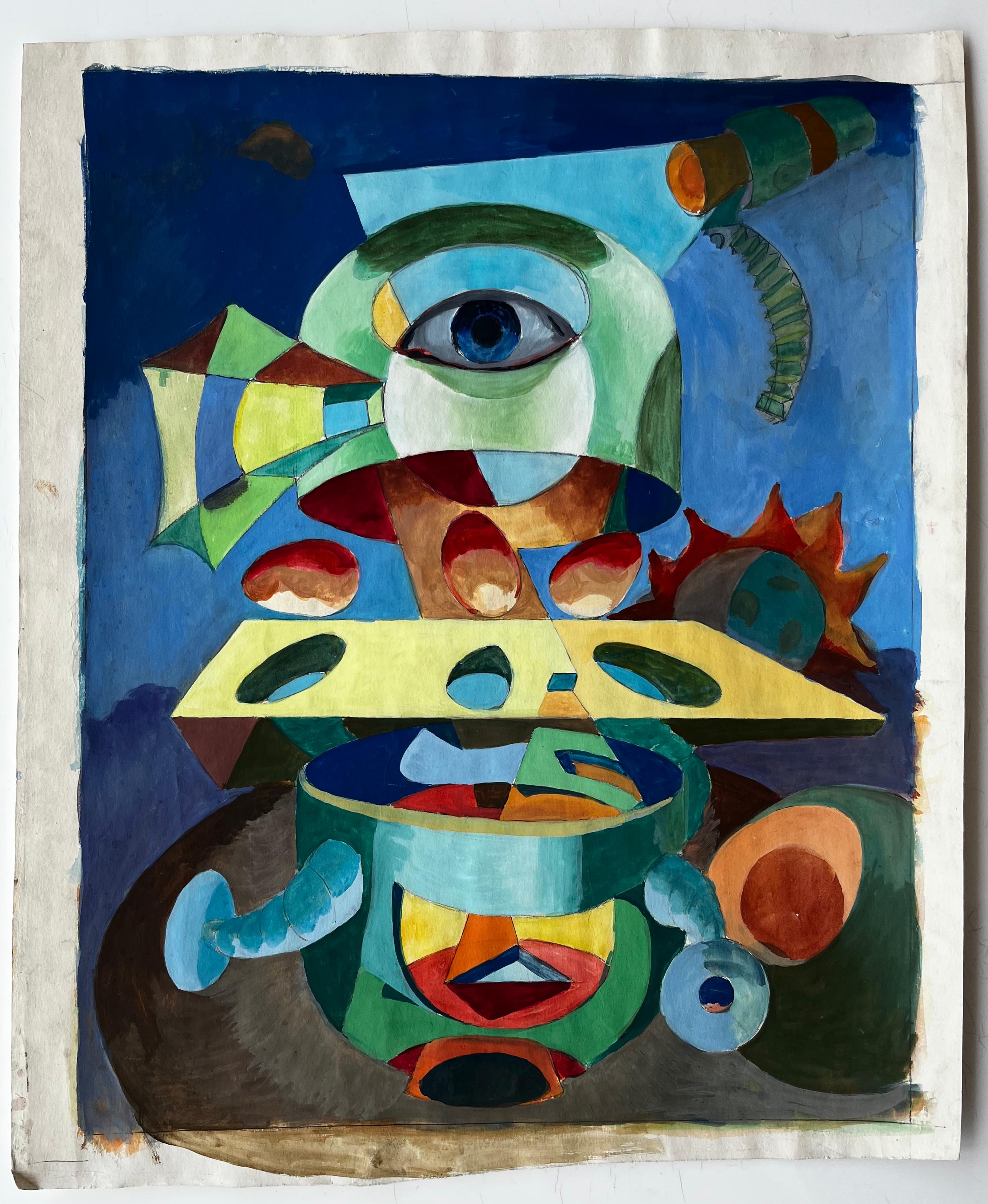 Surreal Abstract Composition with Central Eye and Geometric Forms French Gouache - Art by Guy Nicod