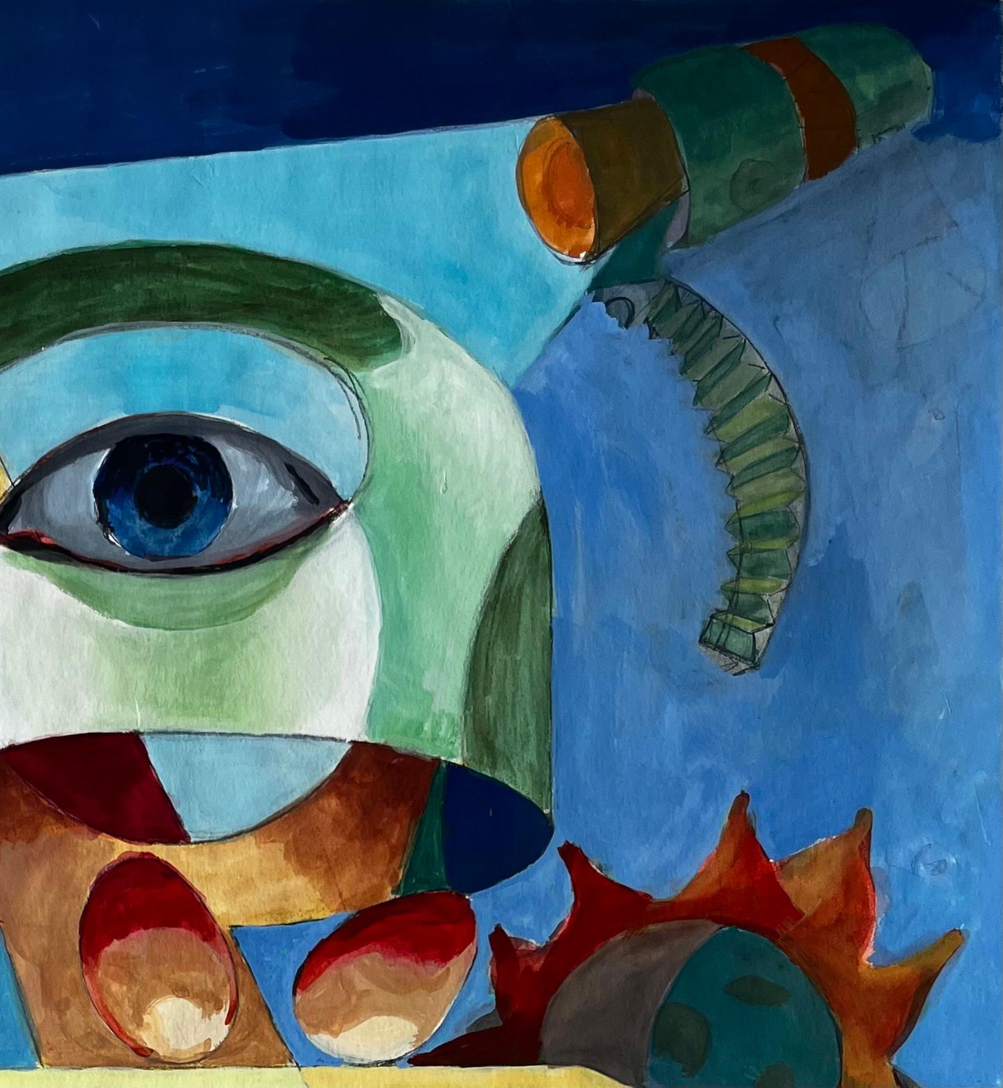 Surreal Abstract Composition with Central Eye and Geometric Forms French Gouache - Modern Art by Guy Nicod