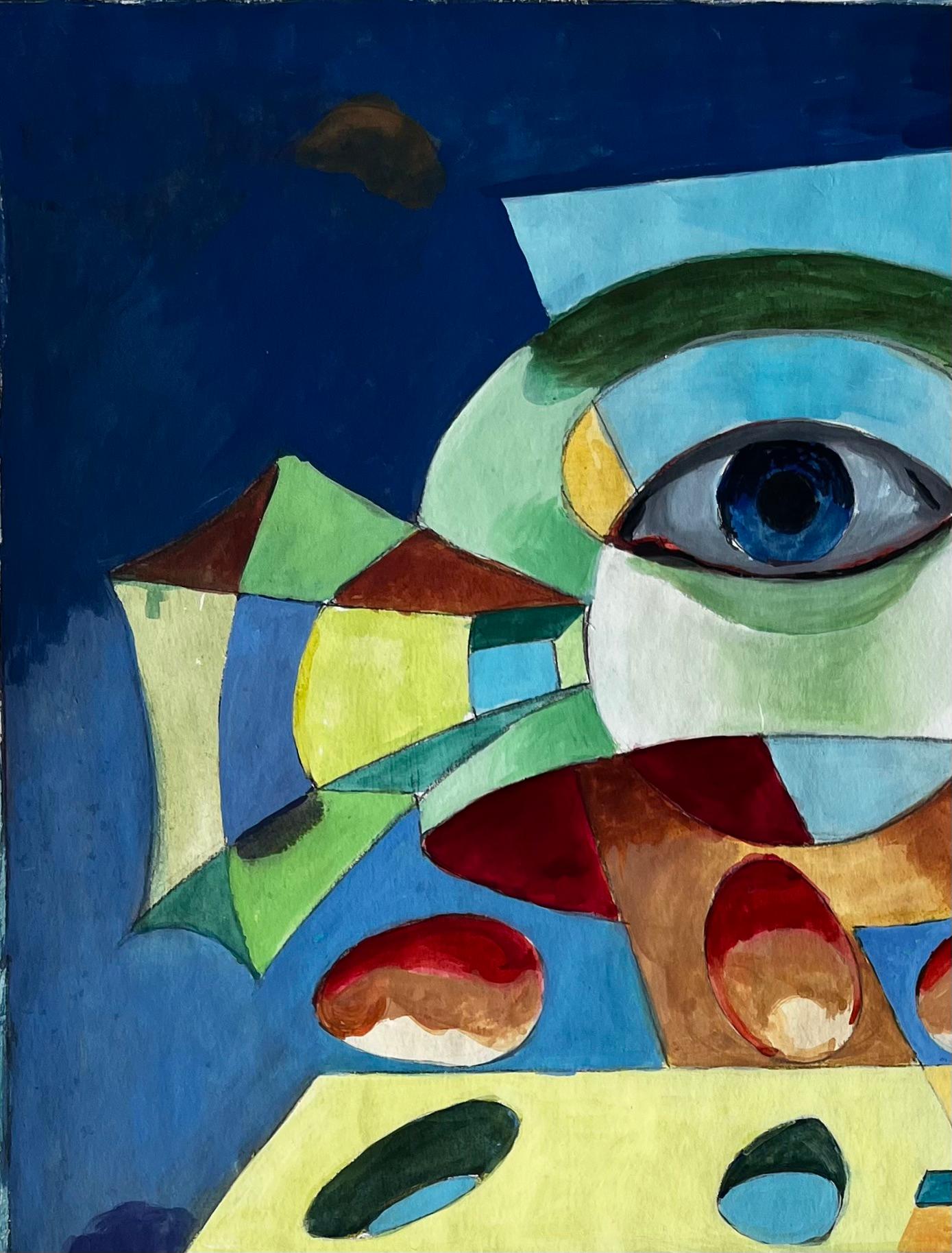 Surreal Abstract Composition with Central Eye and Geometric Forms French Gouache - Black Landscape Art by Guy Nicod