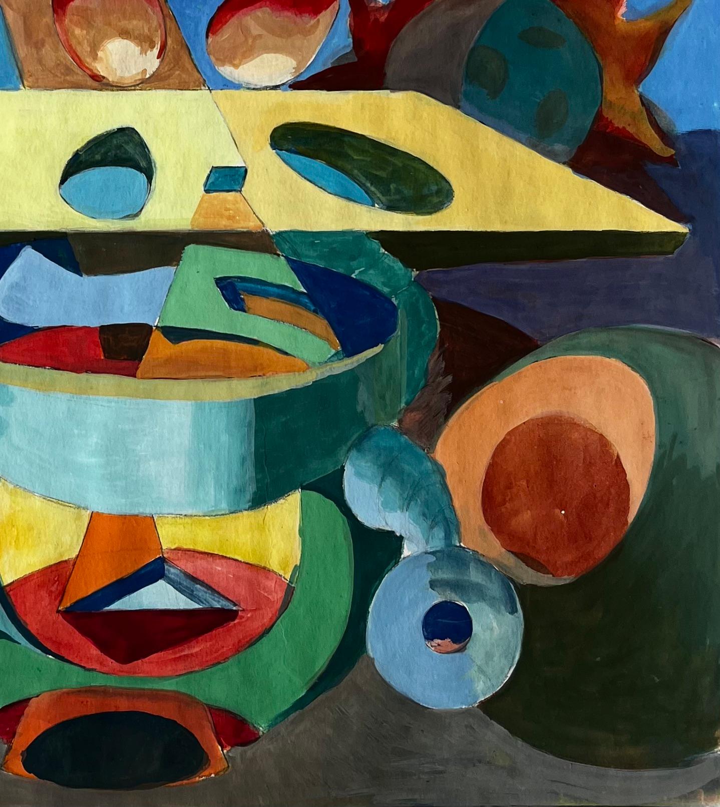 Title: Surreal Abstract Composition with Central Eye and Geometric Forms French Gouache
Guy Nicod (French 1923 - 2021) 
Gouache on artist paper, unframed
Size: 23.75 x 19.75 inches (height x width)
Provenance: Artists estate, France
Condition: good;