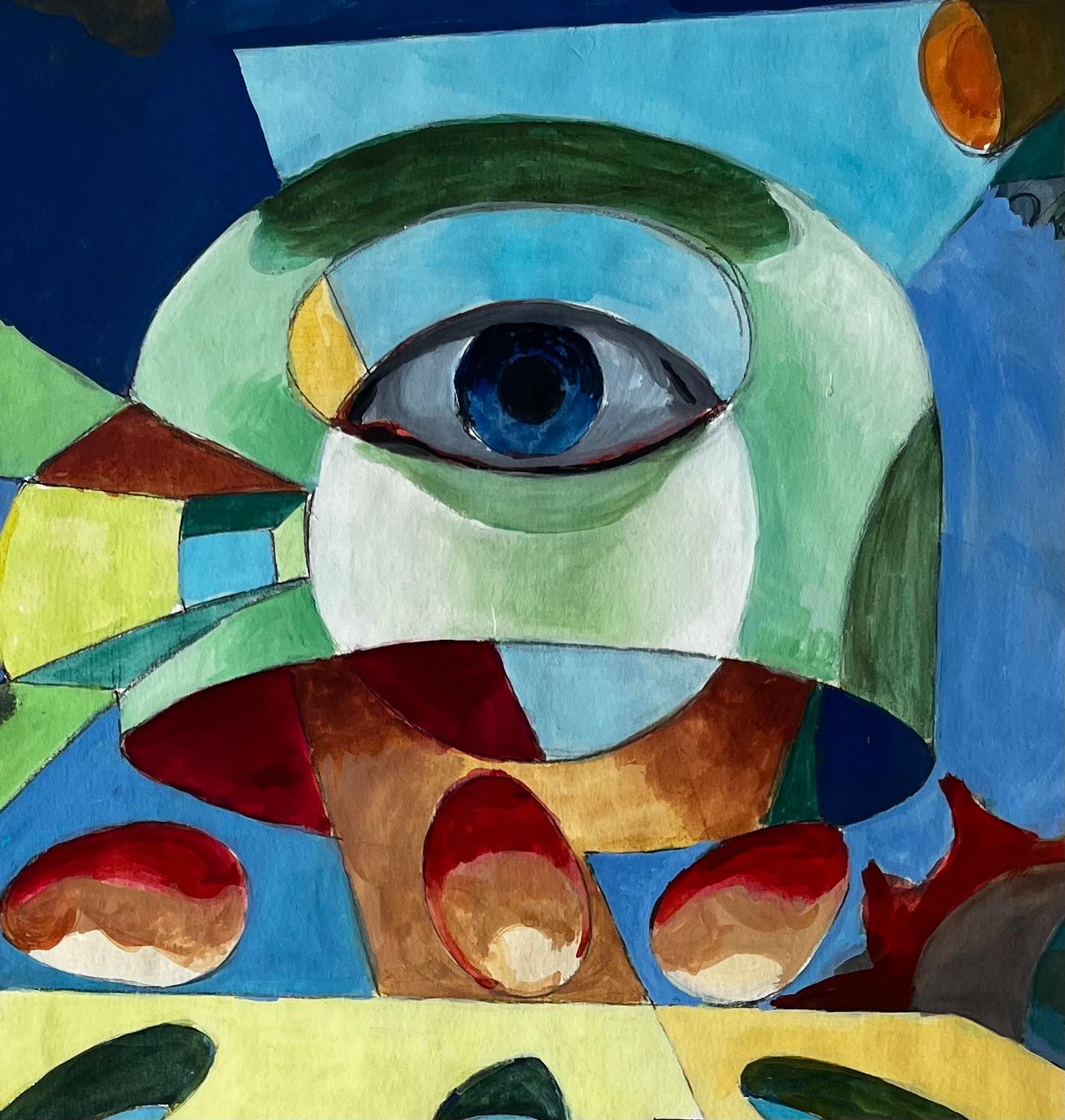 Surreal Abstract Composition with Central Eye and Geometric Forms French Gouache For Sale 2