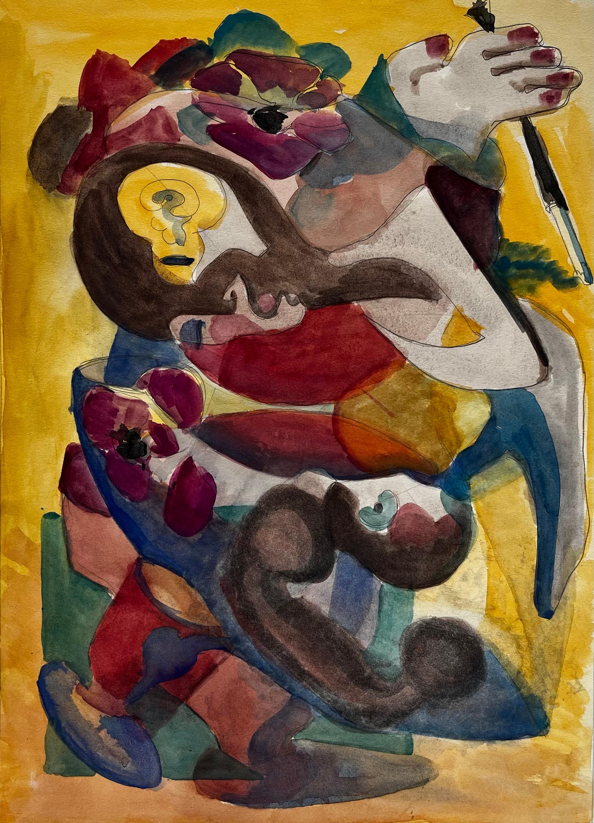 Abstract Figurative Composition with Flowers and Yellow Ground French Gouache