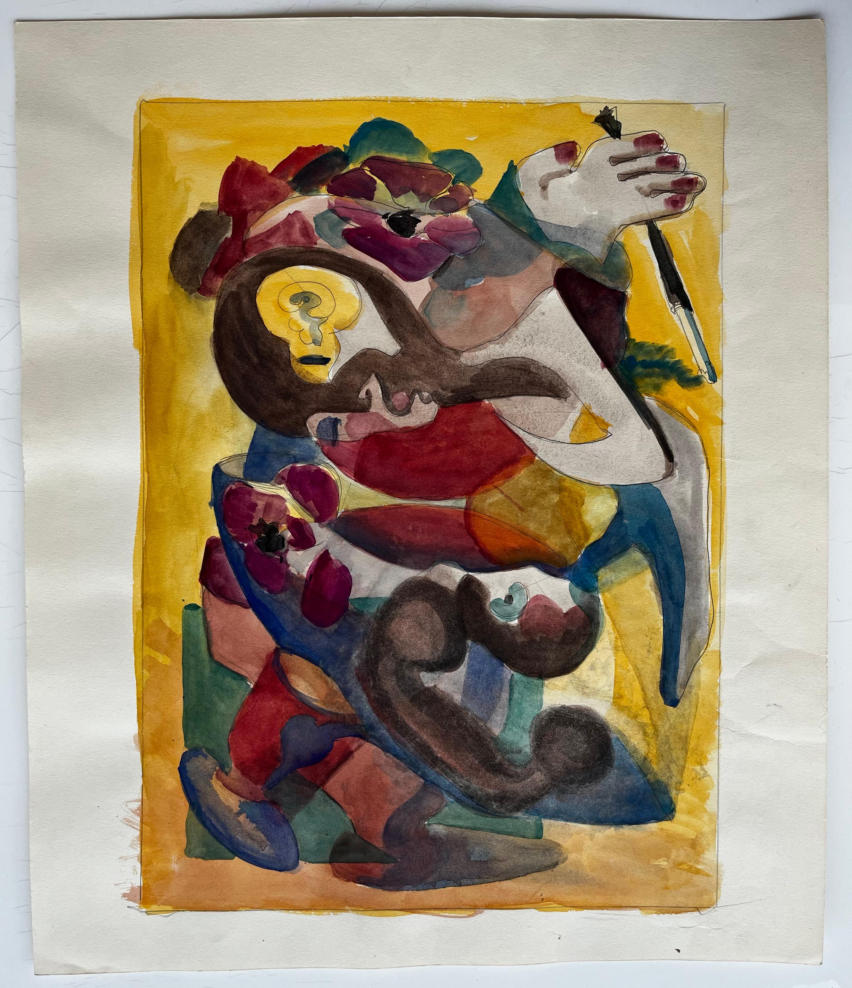Composition figurative abstraite avec fleurs et fond jaune Gouache française - Art de Guy Nicod