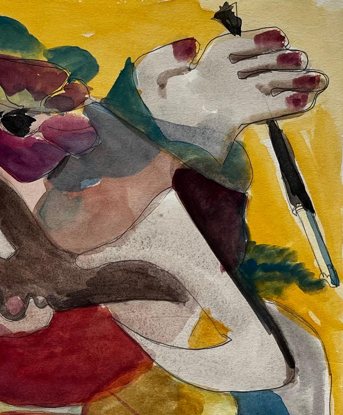 Composition figurative abstraite avec fleurs et fond jaune Gouache française - Moderne Art par Guy Nicod