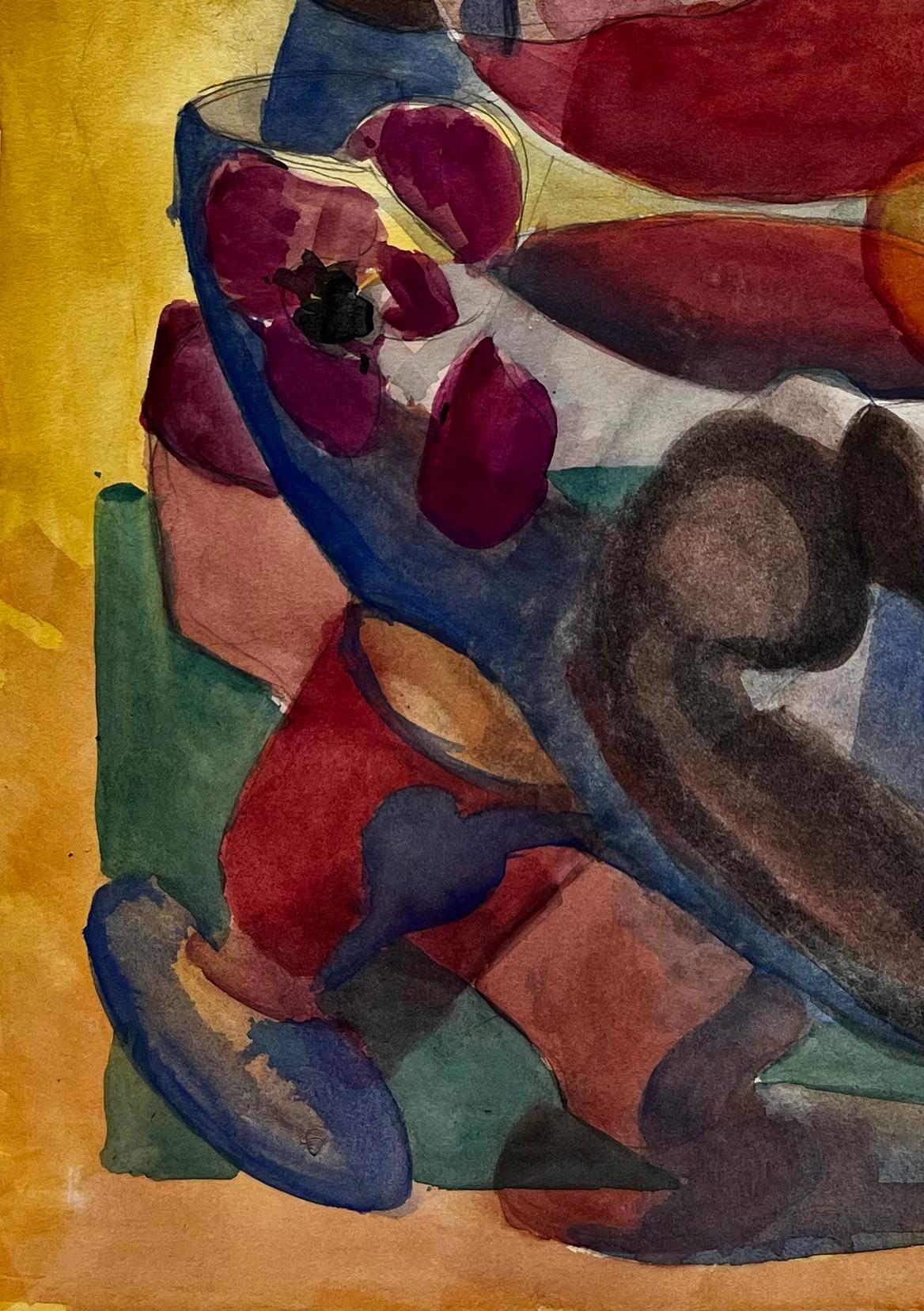 Composition figurative abstraite avec fleurs et fond jaune Gouache française en vente 1