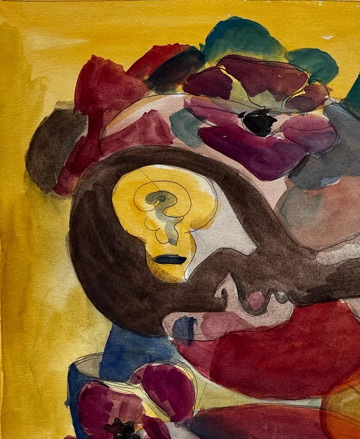Composition figurative abstraite avec fleurs et fond jaune Gouache française - Jaune Landscape Art par Guy Nicod