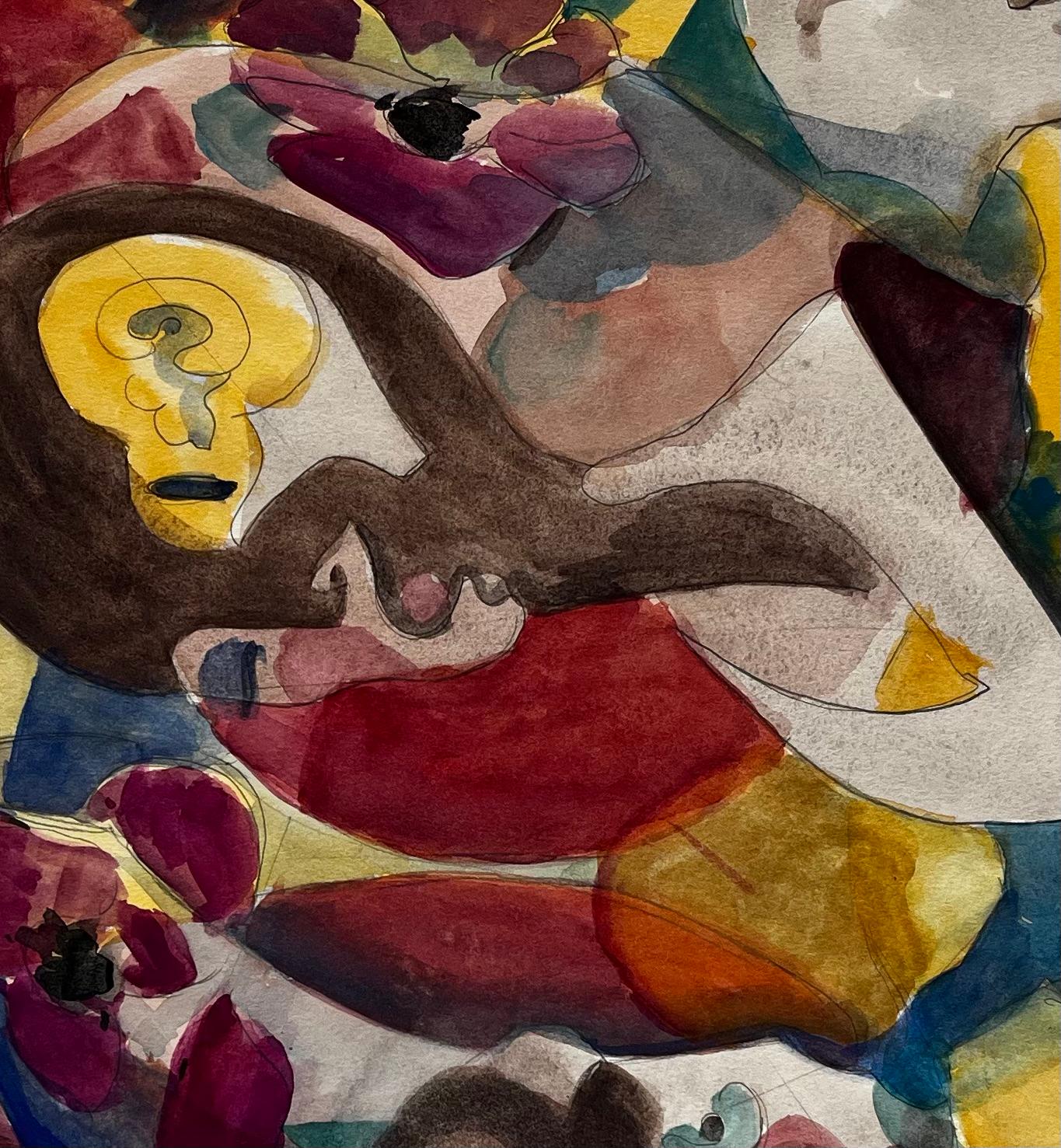 Composition figurative abstraite avec fleurs et fond jaune Gouache française en vente 2