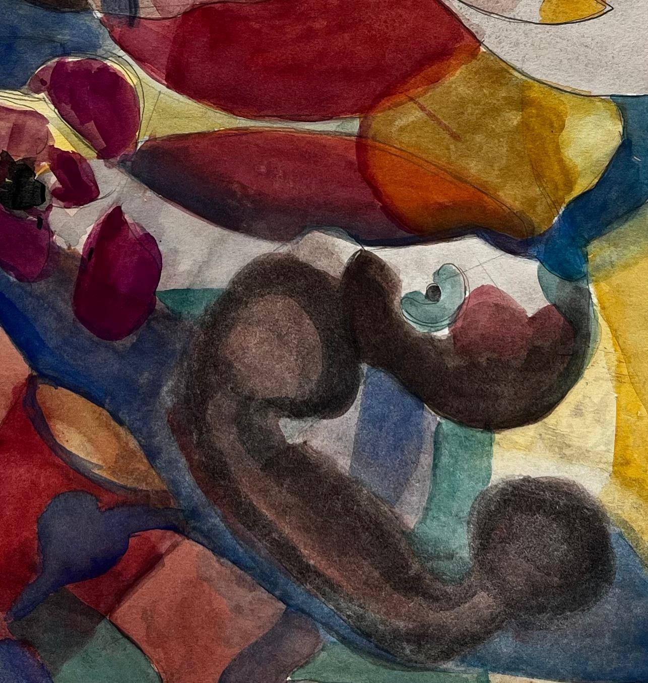 Composition figurative abstraite avec fleurs et fond jaune Gouache française en vente 3