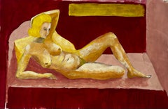Vintage Reclining Nude Modernist Female Figure French Gouache Painting on Paper