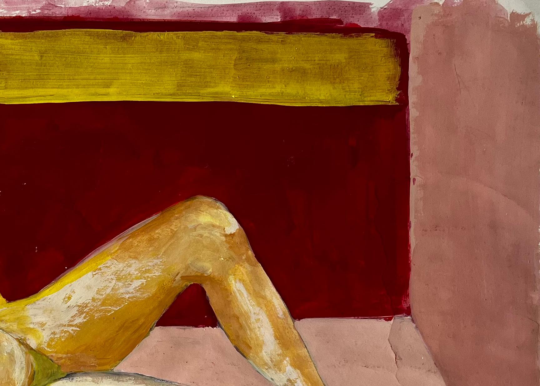 Vintage Figura Femenina Modernista Desnuda Reclinada Pintura Gouache Francesa sobre Papel en venta 1