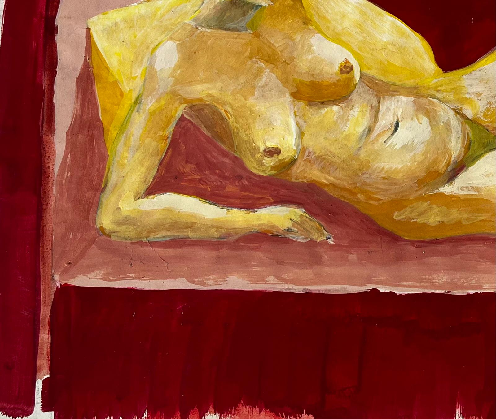 Vintage Figura Femenina Modernista Desnuda Reclinada Pintura Gouache Francesa sobre Papel - Landscape Art Marrón de Guy Nicod