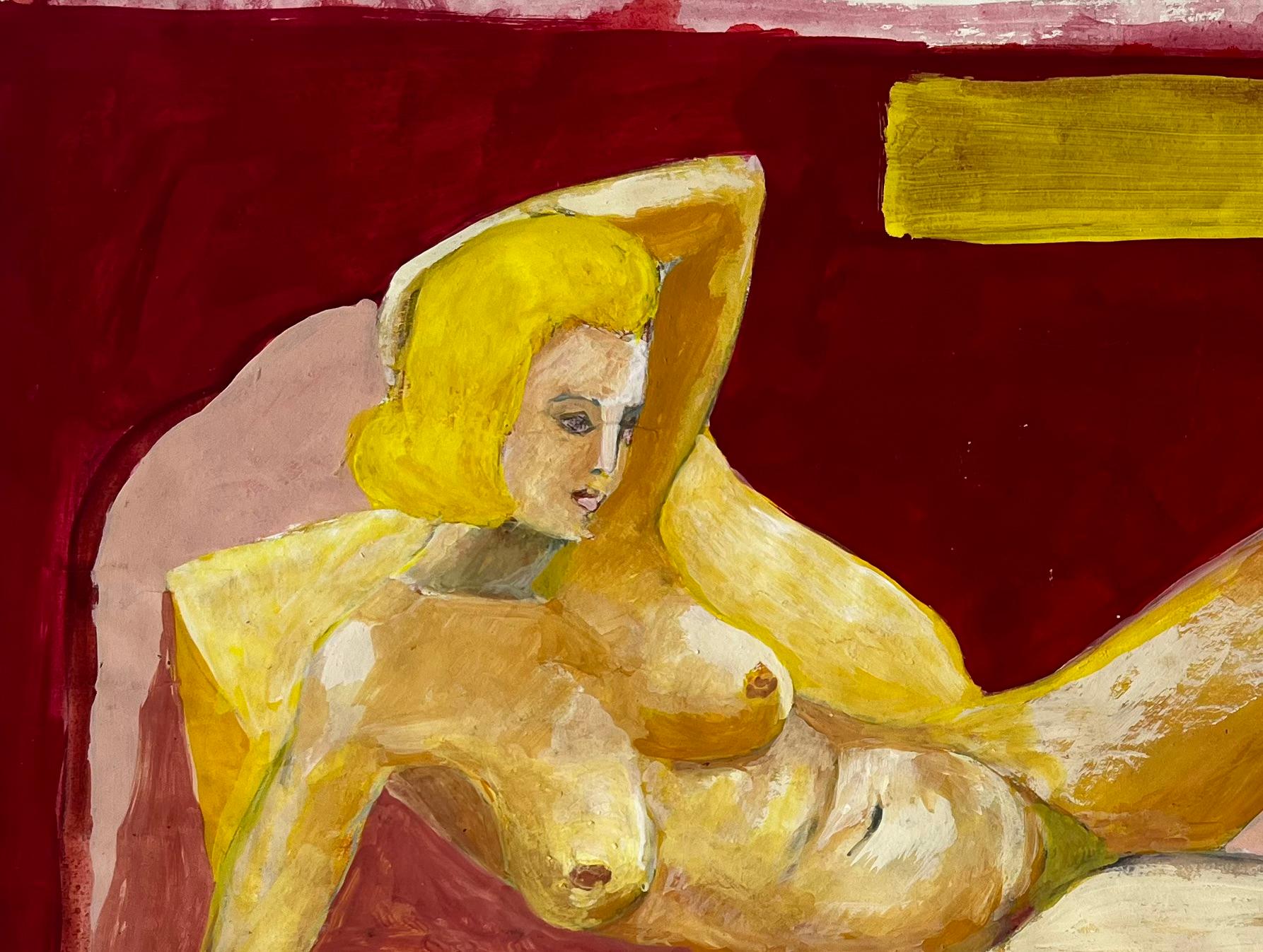 Vintage Figura Femenina Modernista Desnuda Reclinada Pintura Gouache Francesa sobre Papel - Art Moderno de Guy Nicod