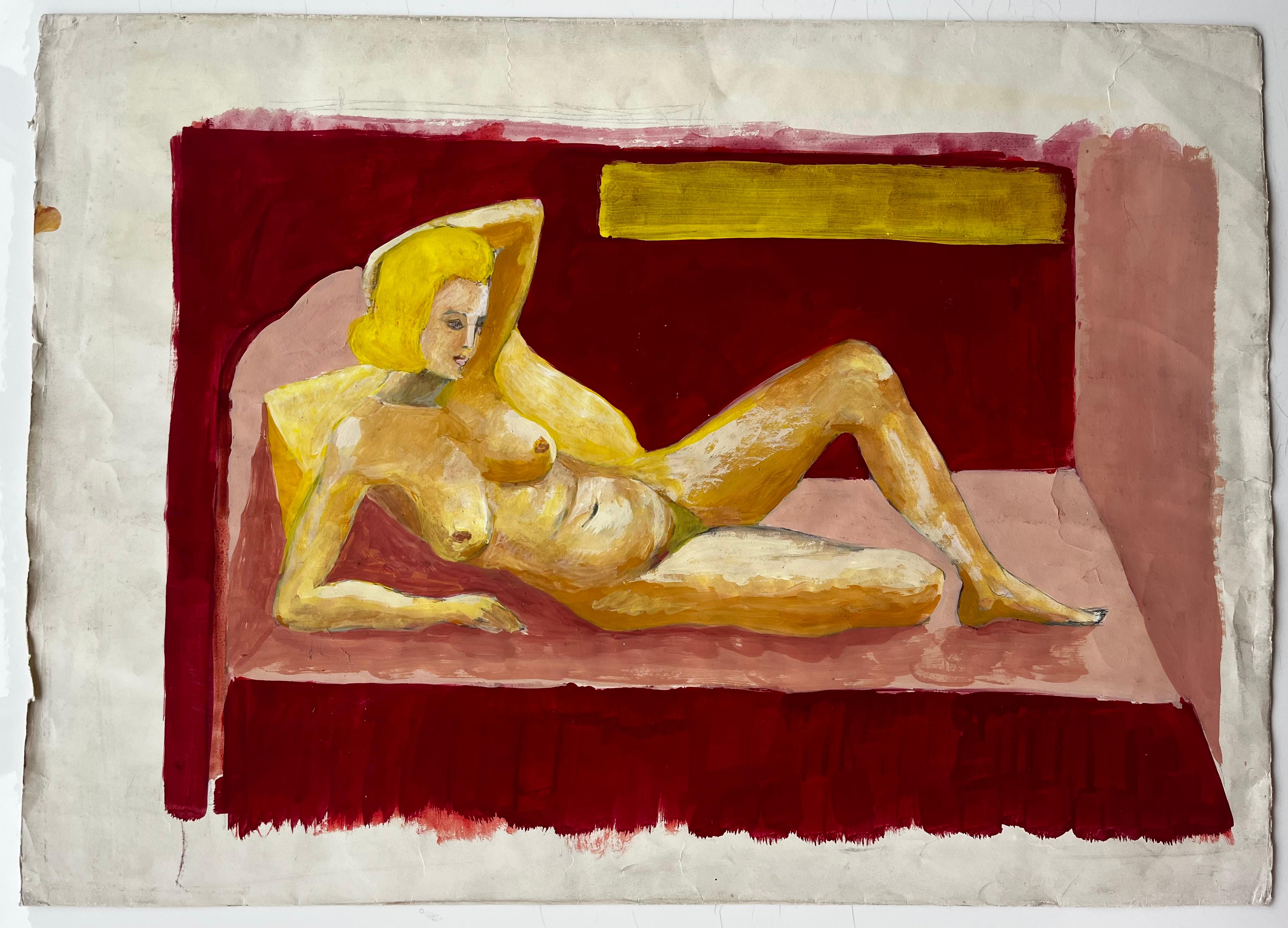 Vintage Figura Femenina Modernista Desnuda Reclinada Pintura Gouache Francesa sobre Papel - Art de Guy Nicod