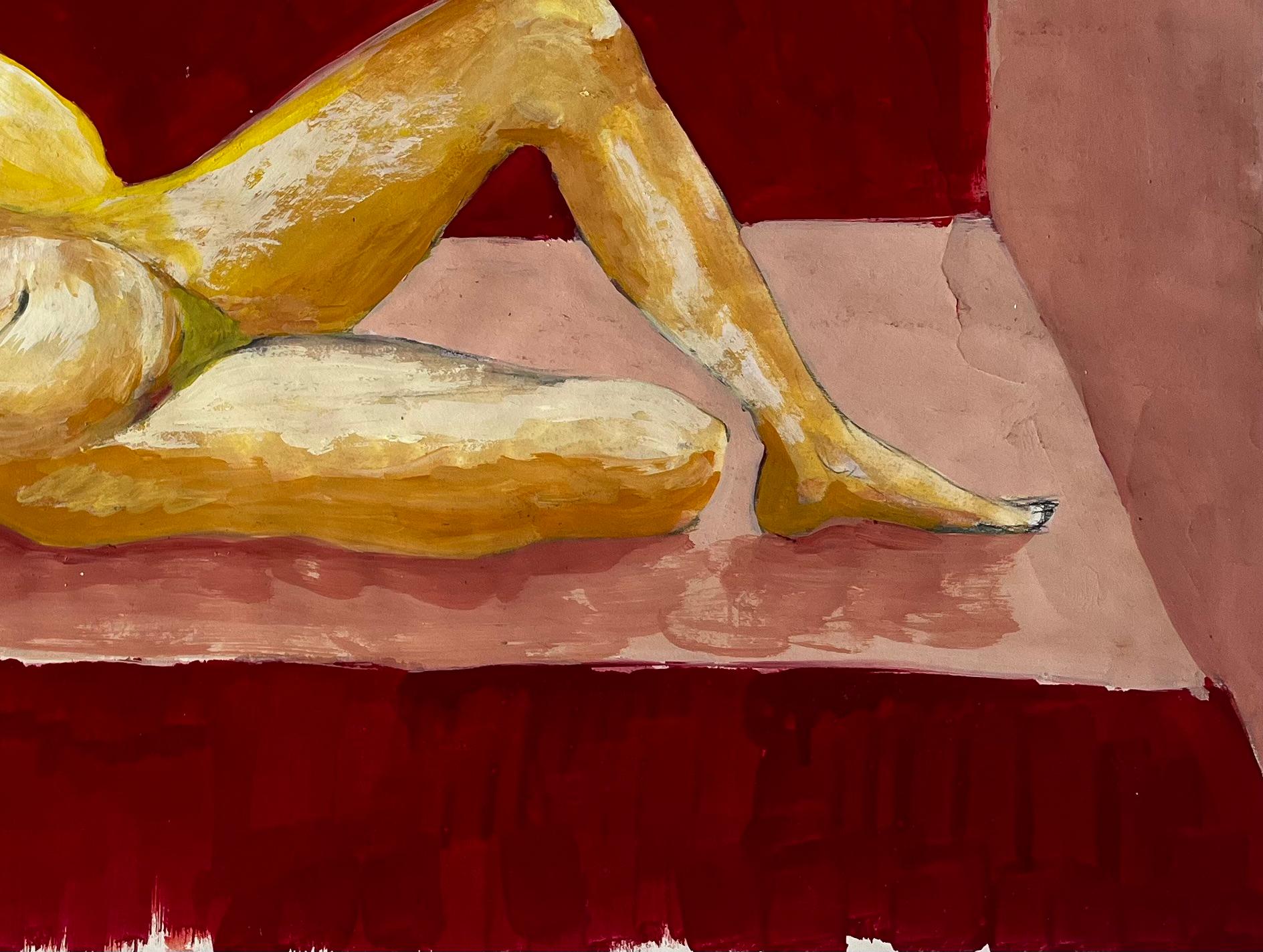 Título: Vintage Figura Femenina Modernista Desnuda Reclinada Pintura Gouache Francesa sobre Papel
Guy Nicod (francés 1923 - 2021) 
Aguada sobre papel de artista, sin enmarcar
Tamaño: 17,25 x 24,5 pulgadas (alto x ancho)
Procedencia: Propiedad de