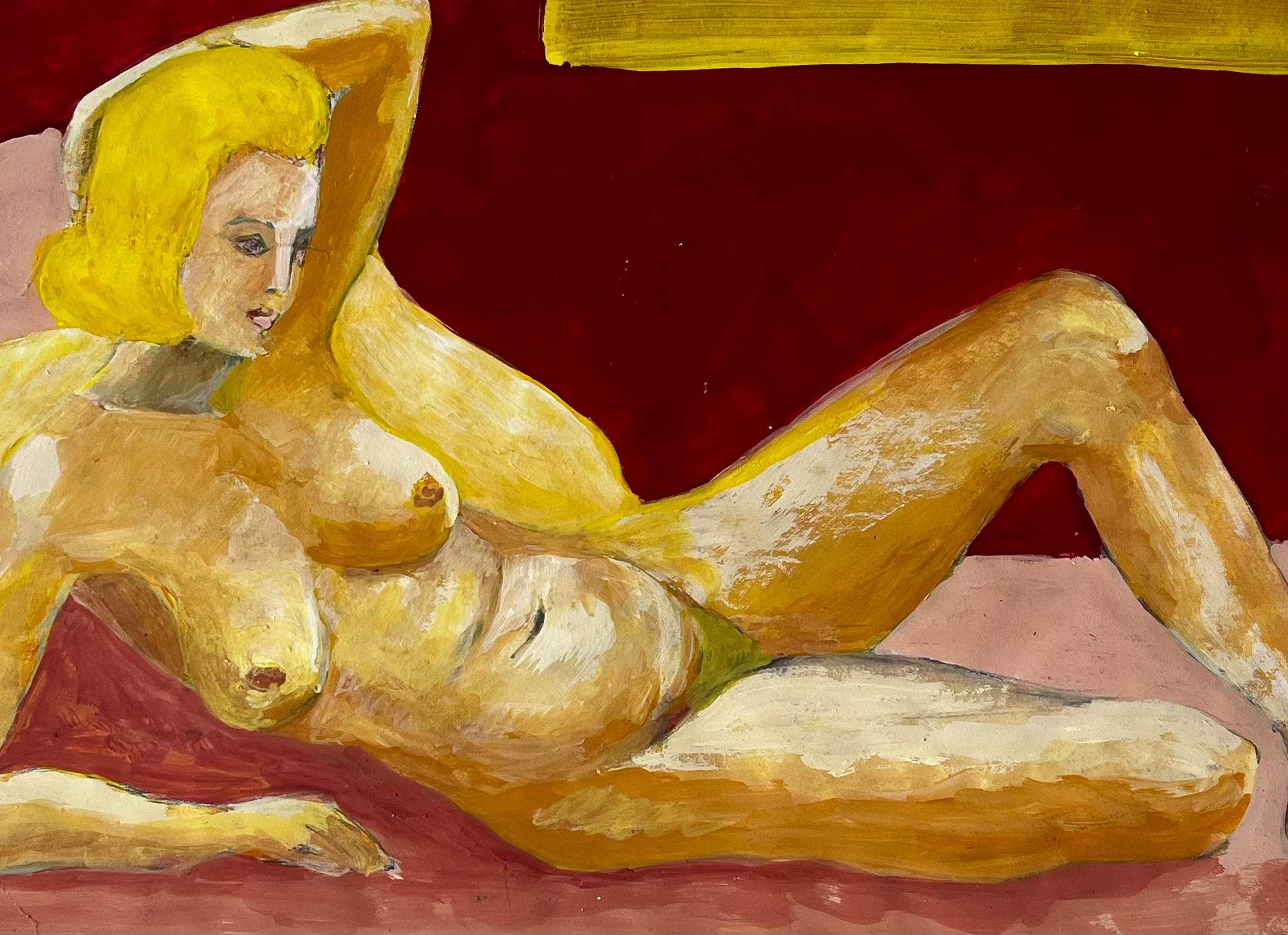 Vintage Figura Femenina Modernista Desnuda Reclinada Pintura Gouache Francesa sobre Papel en venta 2