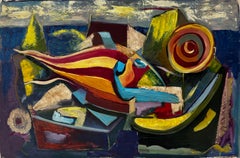 Vintage Abstract surrealist seascape with vibrant geometric forms French modernist oil