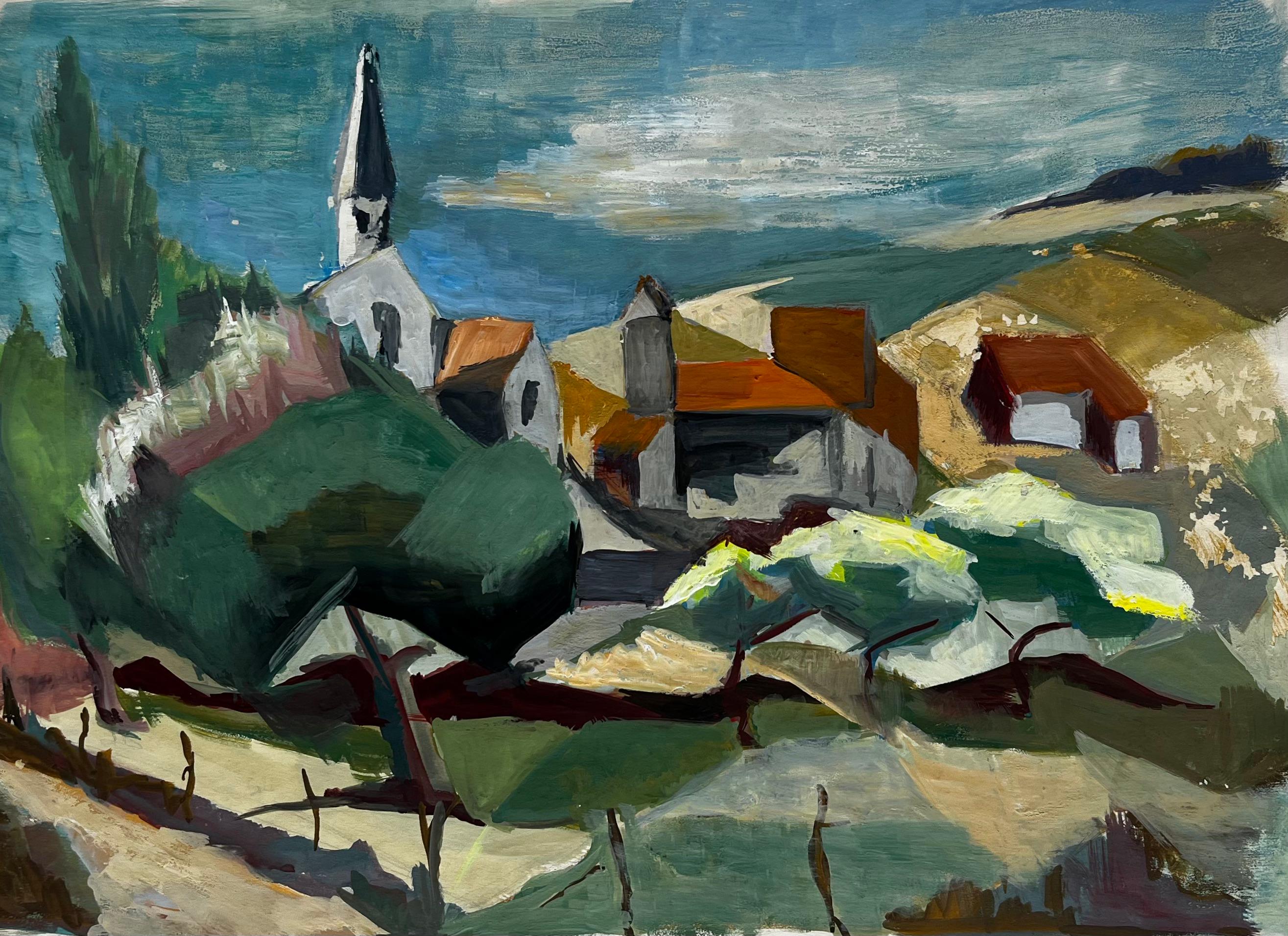 Abstract Drawing Guy Nicod - Village de campagne avec clocher d'église Peinture de paysage moderne française