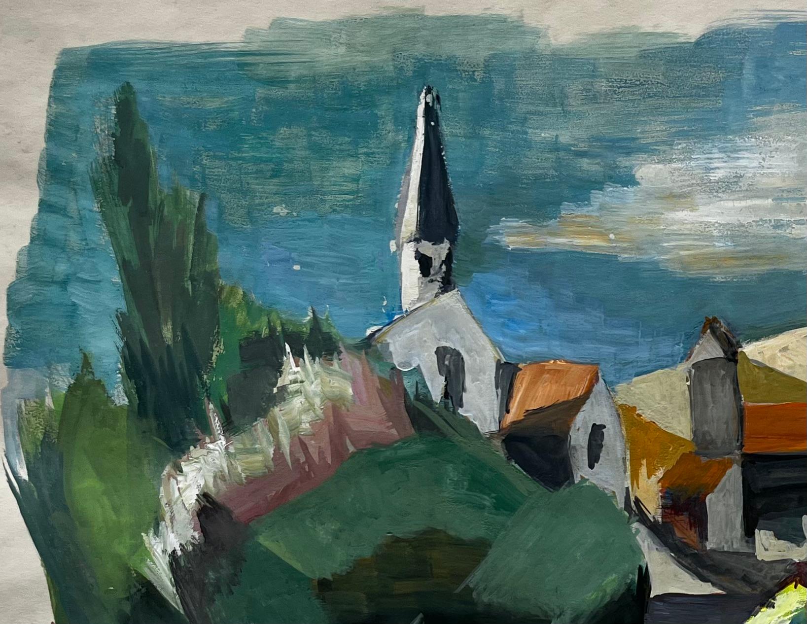 Village de campagne avec clocher d'église Peinture de paysage moderne française - Art de Guy Nicod