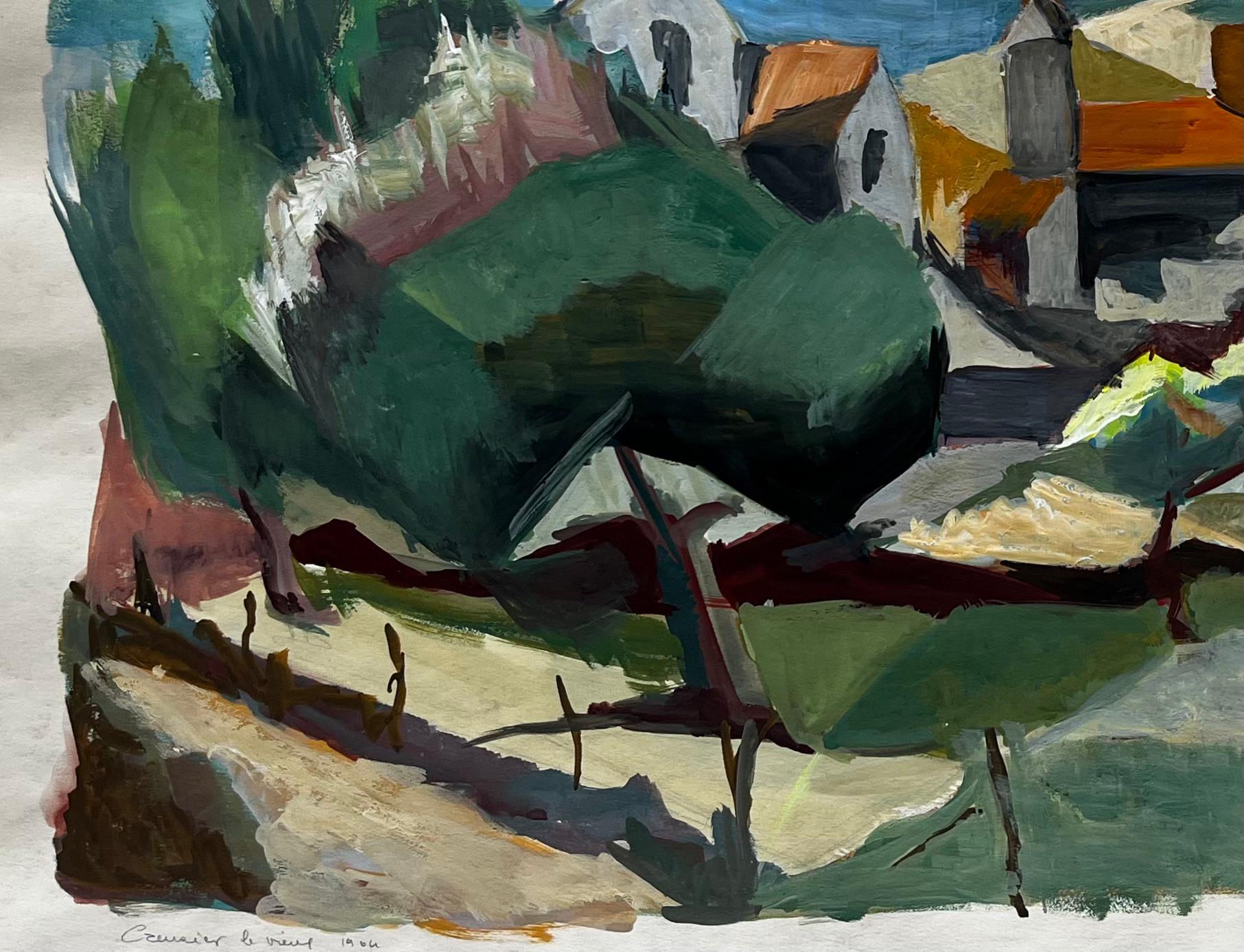 Village de campagne avec clocher d'église Peinture de paysage moderne française - Gris Abstract Drawing par Guy Nicod