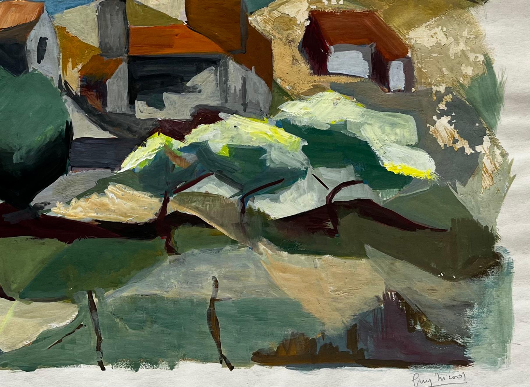 Village de campagne avec clocher d'église Peinture de paysage moderne française en vente 1