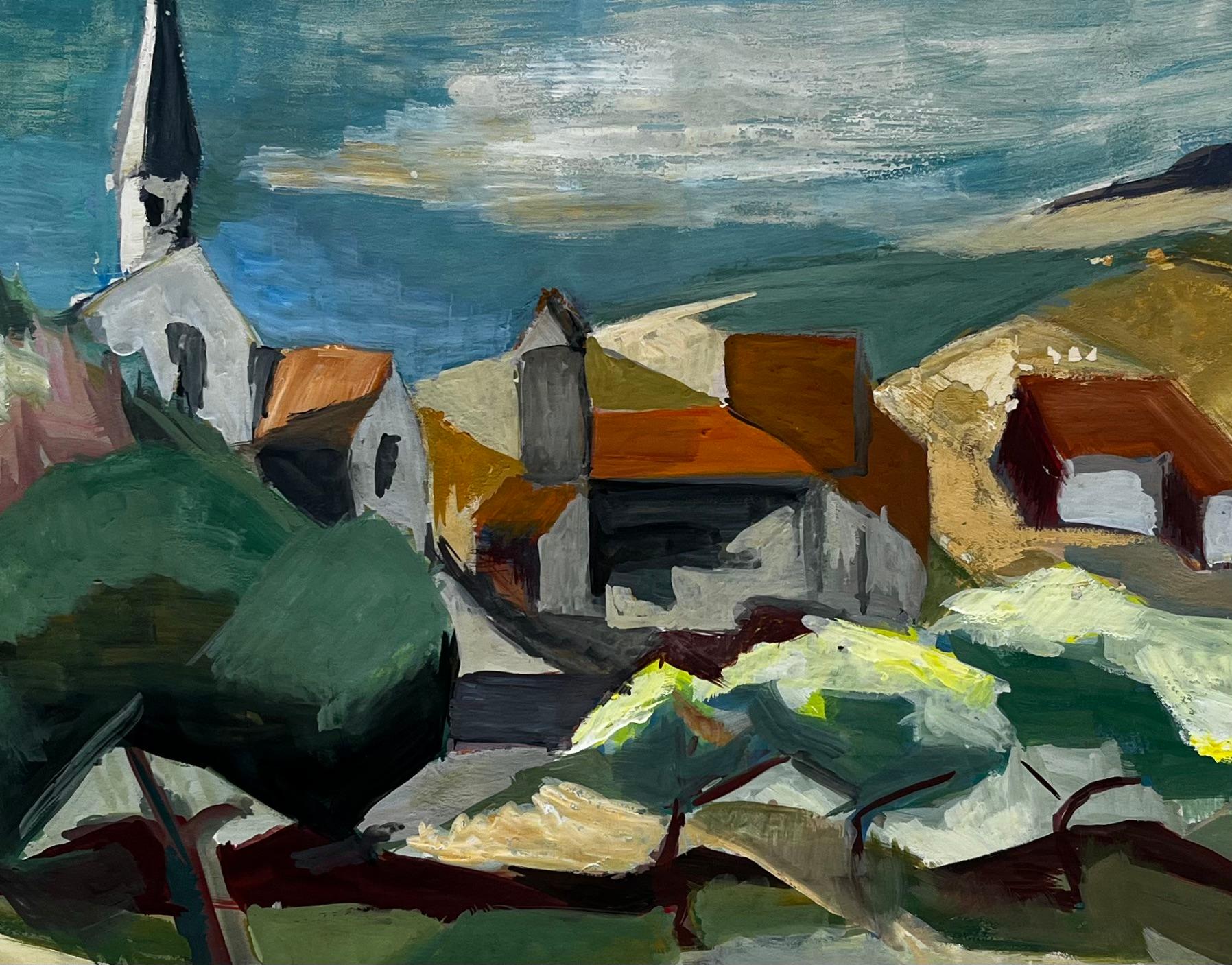 Village de campagne avec clocher d'église Peinture de paysage moderne française en vente 2