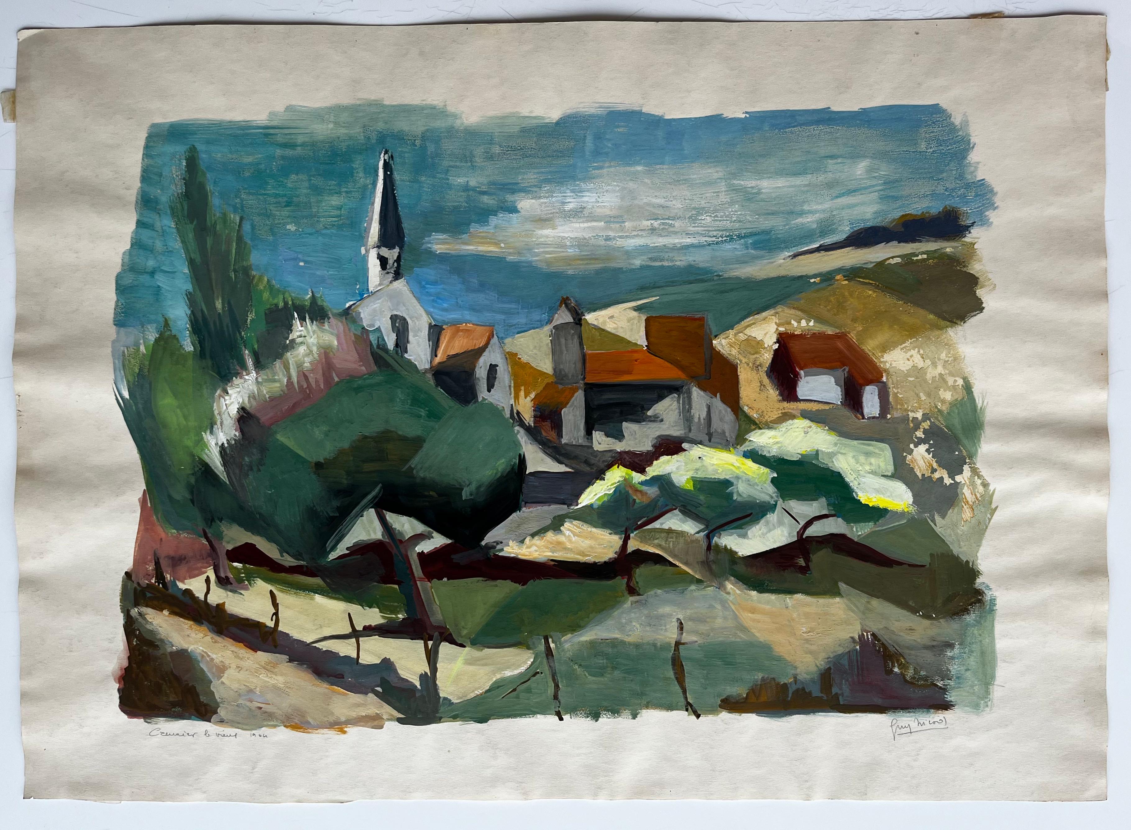 Village de campagne avec clocher d'église Peinture de paysage moderne française - Moderne Art par Guy Nicod