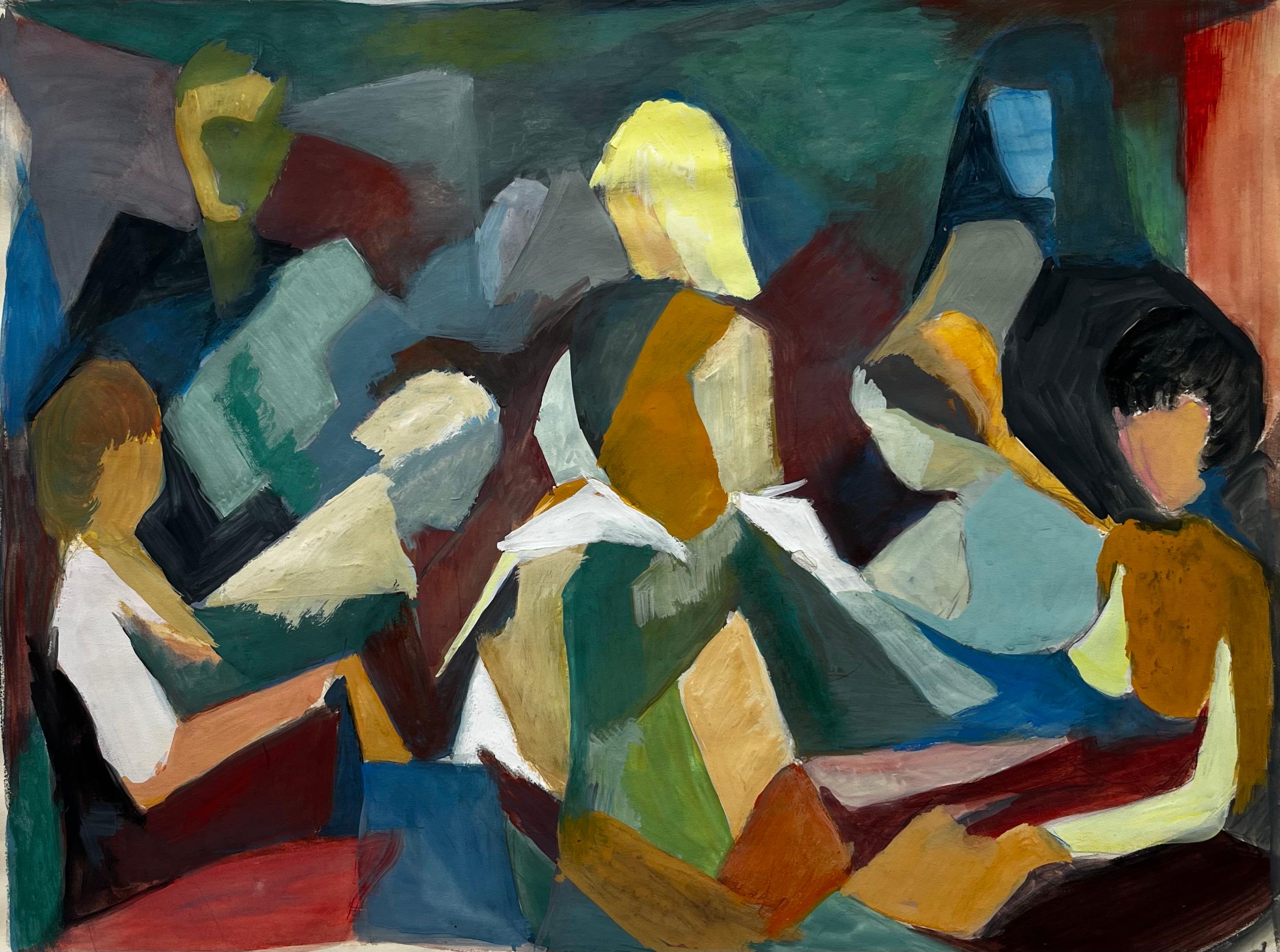 Título: Escena abstracta de lectura en grupo Pintura gouache modernista francesa de Guy Nicod
Guy Nicod (francés 1923 - 2021) 
Aguada sobre papel de artista, sin enmarcar
Tamaño: 19,75 x 25,5 pulgadas (alto x ancho)
Procedencia: Propiedad de