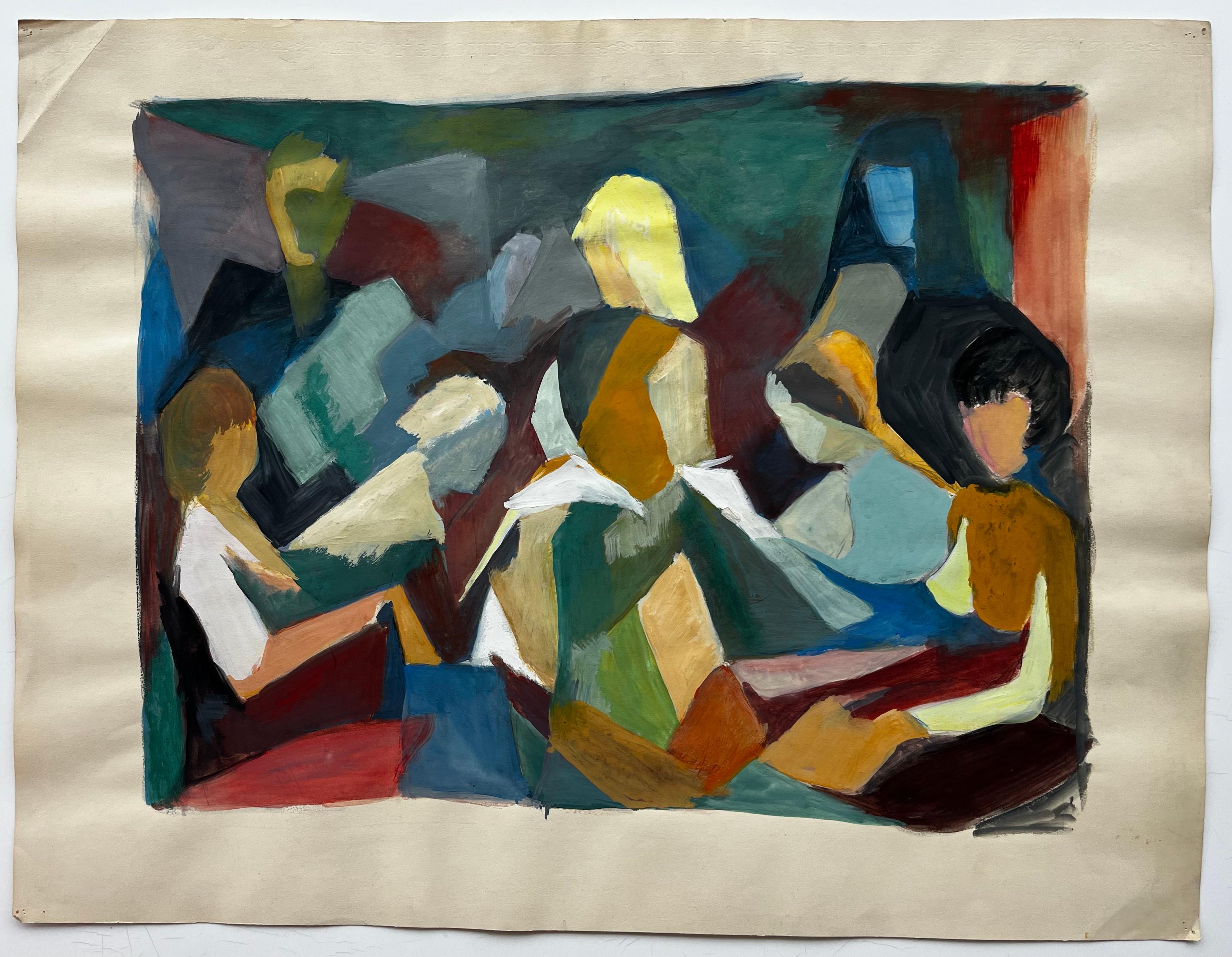 Escena abstracta de lectura en grupo Pintura gouache modernista francesa de Guy Nicod en venta 1