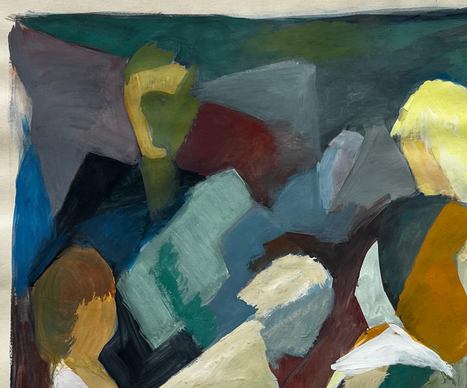 Escena abstracta de lectura en grupo Pintura gouache modernista francesa de Guy Nicod en venta 2