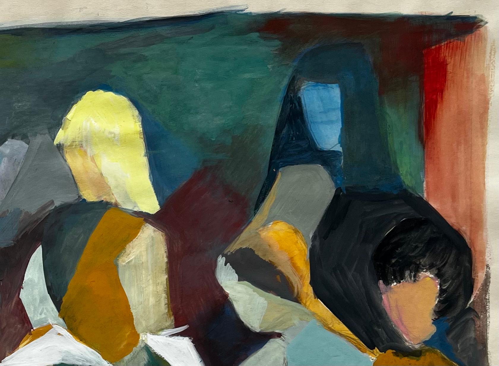 Escena abstracta de lectura en grupo Pintura gouache modernista francesa de Guy Nicod en venta 3