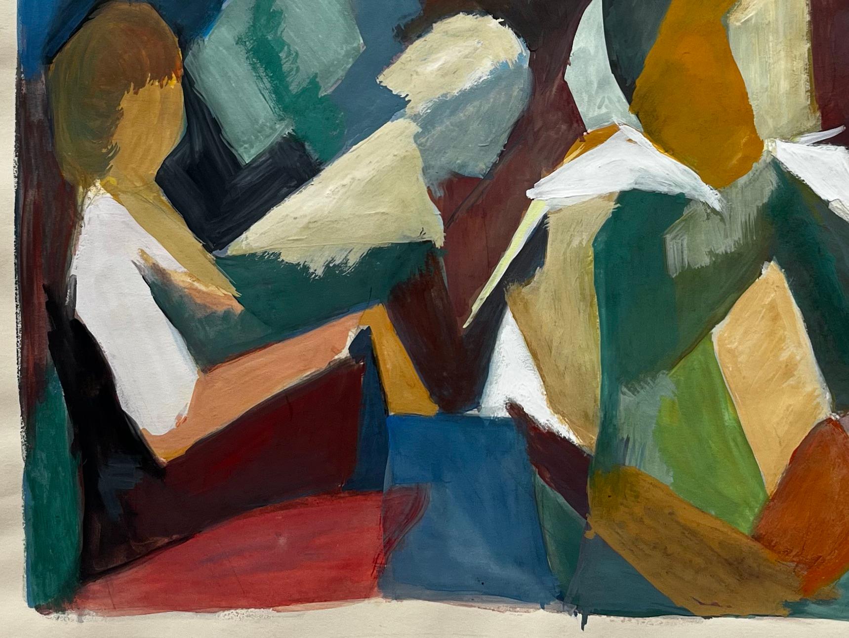 Escena abstracta de lectura en grupo Pintura gouache modernista francesa de Guy Nicod en venta 5