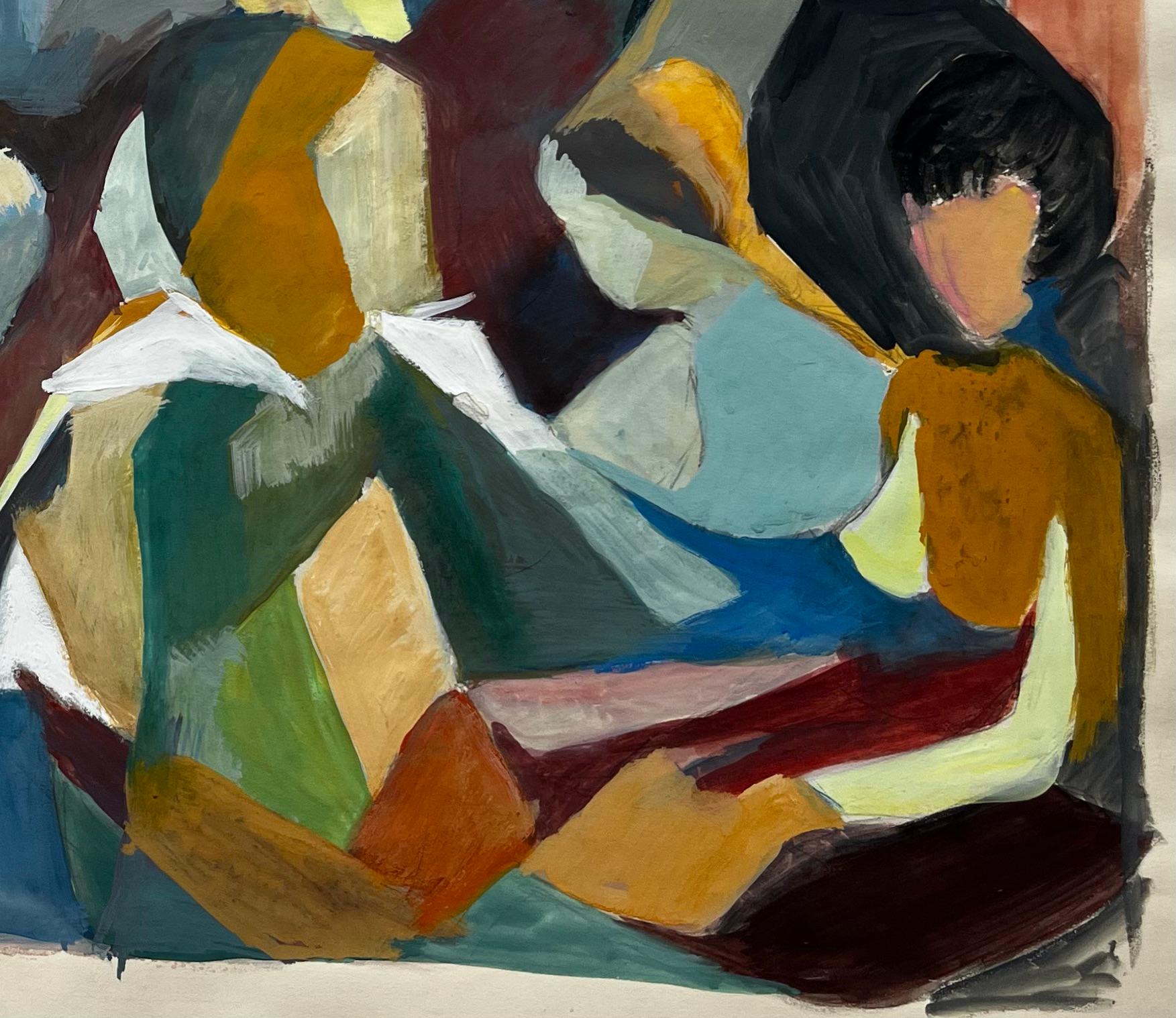 Escena abstracta de lectura en grupo Pintura gouache modernista francesa de Guy Nicod en venta 4