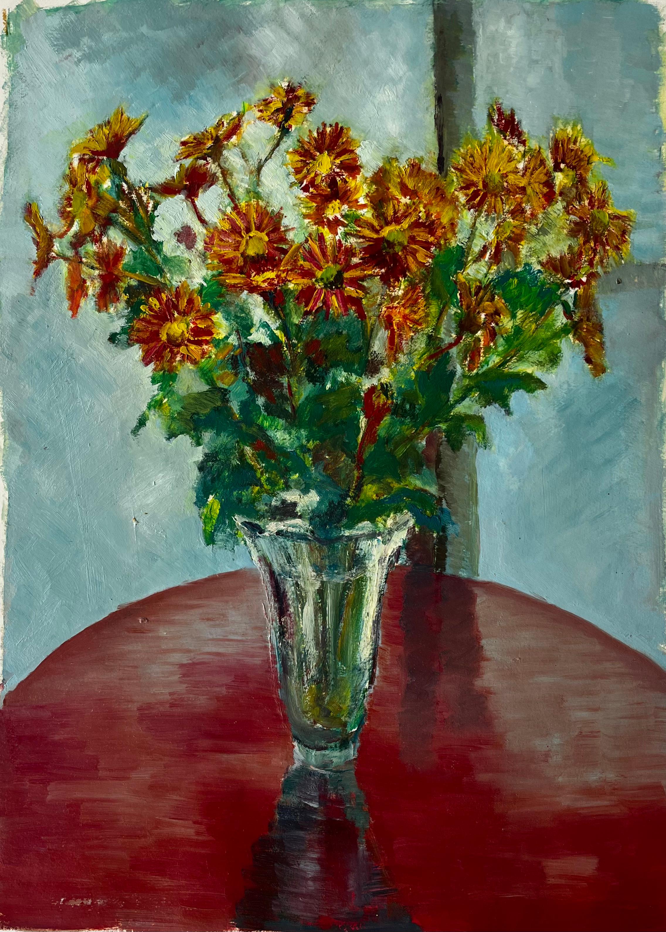 Still Life with Chrysanthemums in Glass Vase French Modern Floral Oil Painting
