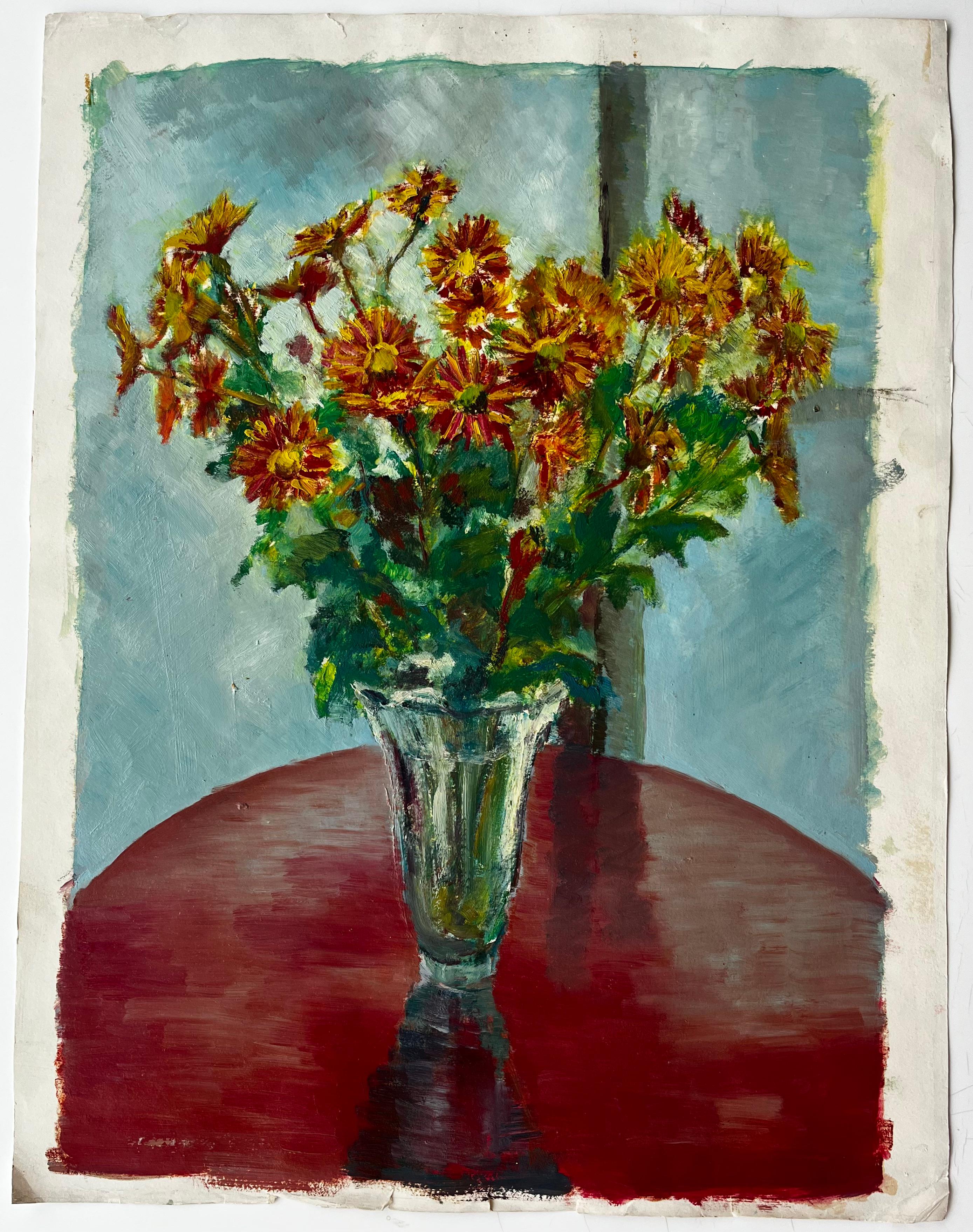 Natura morta con crisantemi in vaso di vetro Pittura a olio floreale francese moderna - Art di Guy Nicod