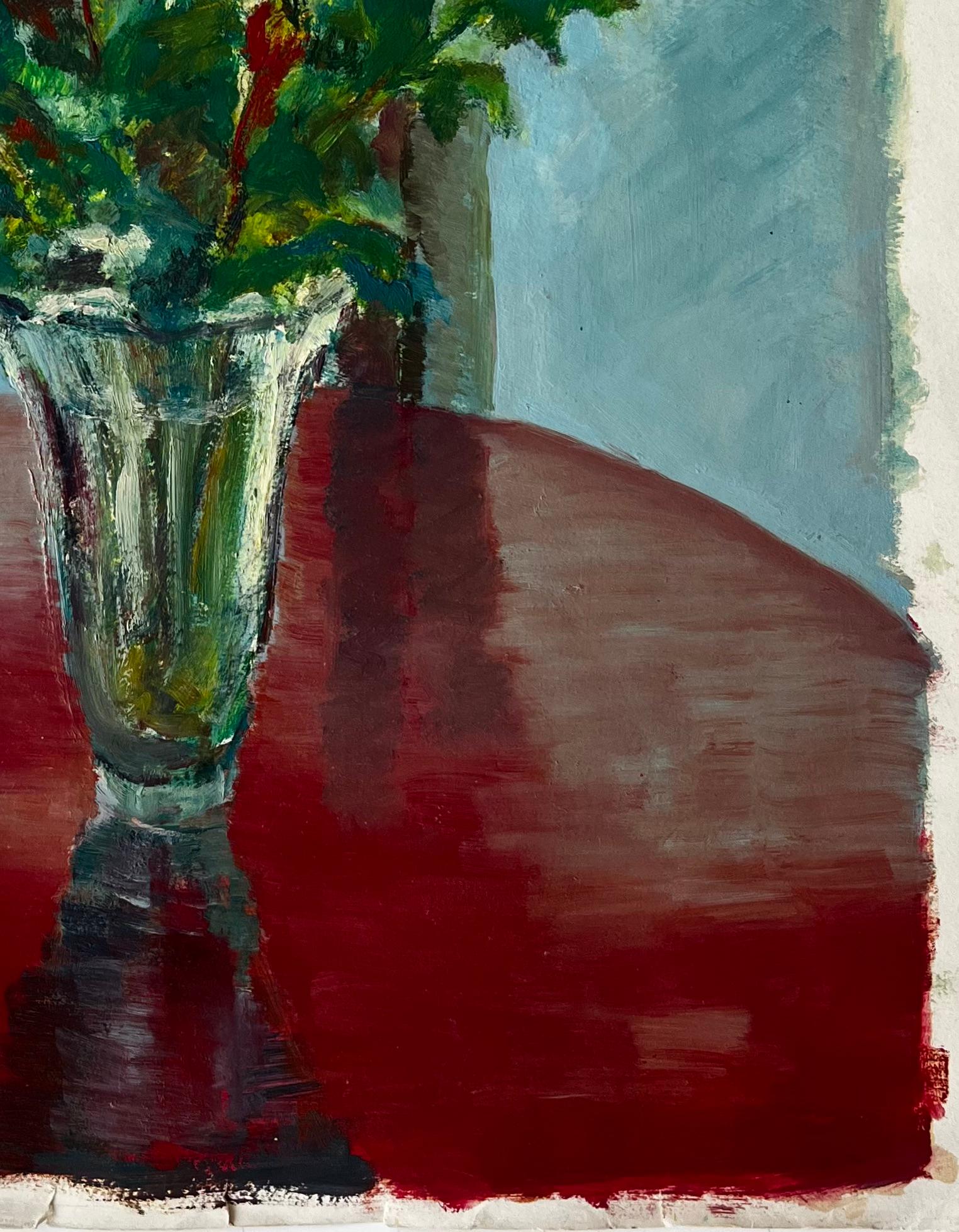Titolo: Natura morta con crisantemi in vaso di vetro Pittura ad olio floreale francese moderna
Guy Nicod (francese, 1923 - 2021) 
Olio su carta d'artista, senza cornice
Dimensioni: 25,5 x 19,75 pollici (altezza x larghezza)
Provenienza: Proprietà di