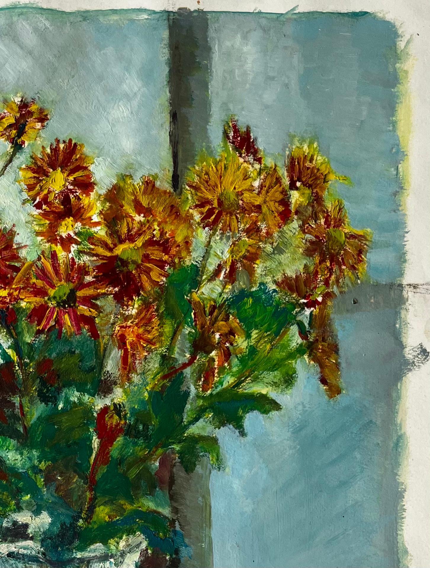 Natura morta con crisantemi in vaso di vetro Pittura a olio floreale francese moderna - Art Moderno di Guy Nicod