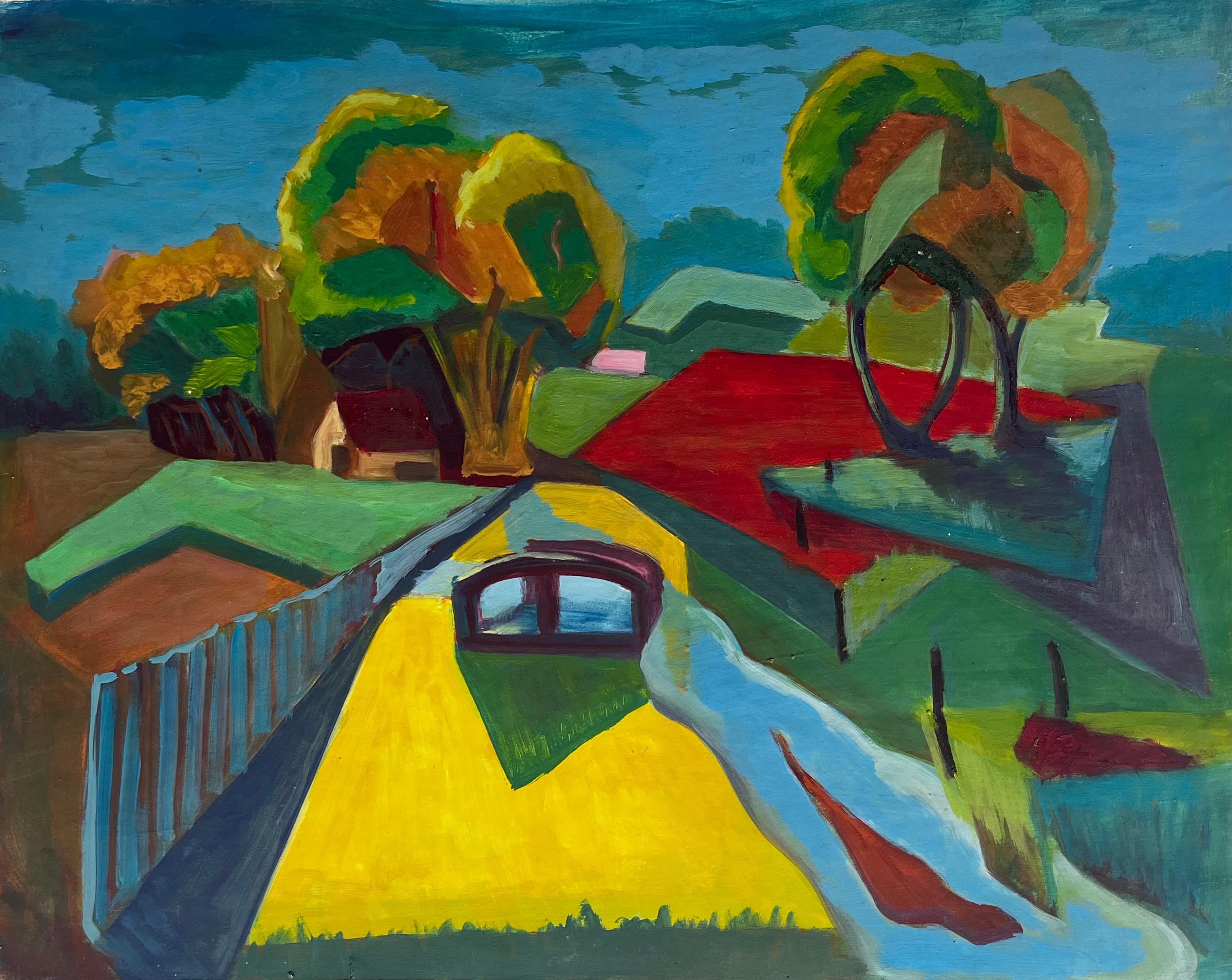 Landscape Art di Guy Nicod - Strada di campagna colorata con ponte Paesaggio moderno francese Gouache