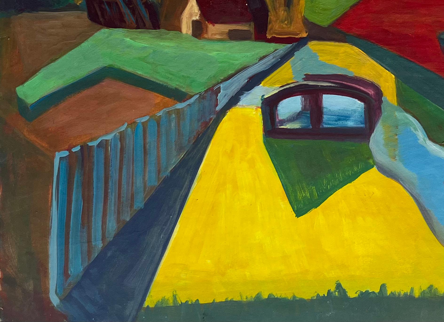 Strada di campagna colorata con ponte Paesaggio moderno francese Gouache - Landscape Art Nero di Guy Nicod