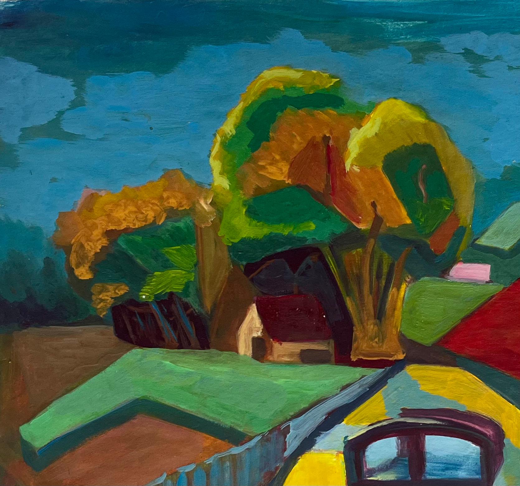 Strada di campagna colorata con ponte Paesaggio moderno francese Gouache - Art Moderno di Guy Nicod